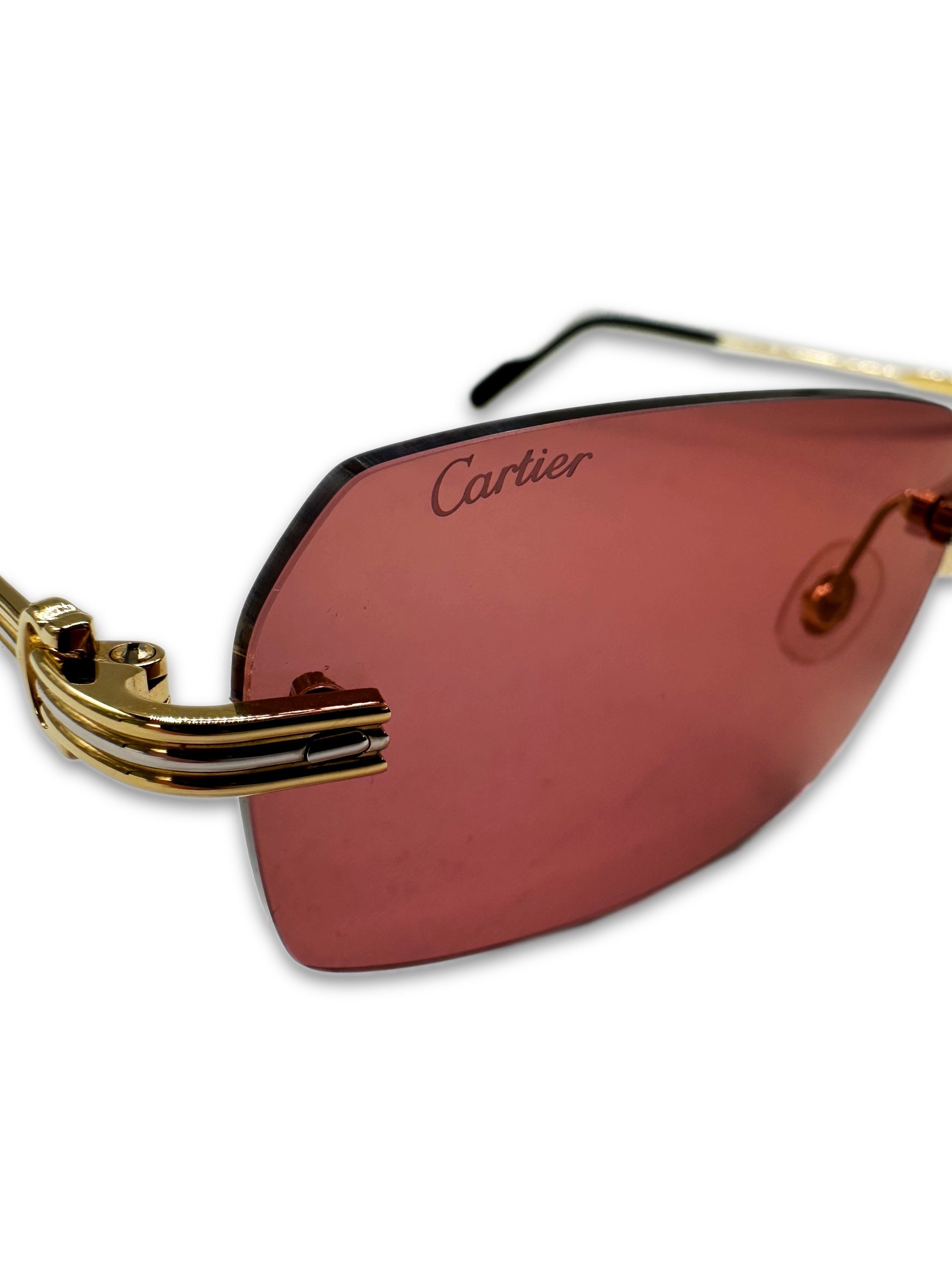 Cartier Gold Wire Frame Rimless Red Tint Sunglasses