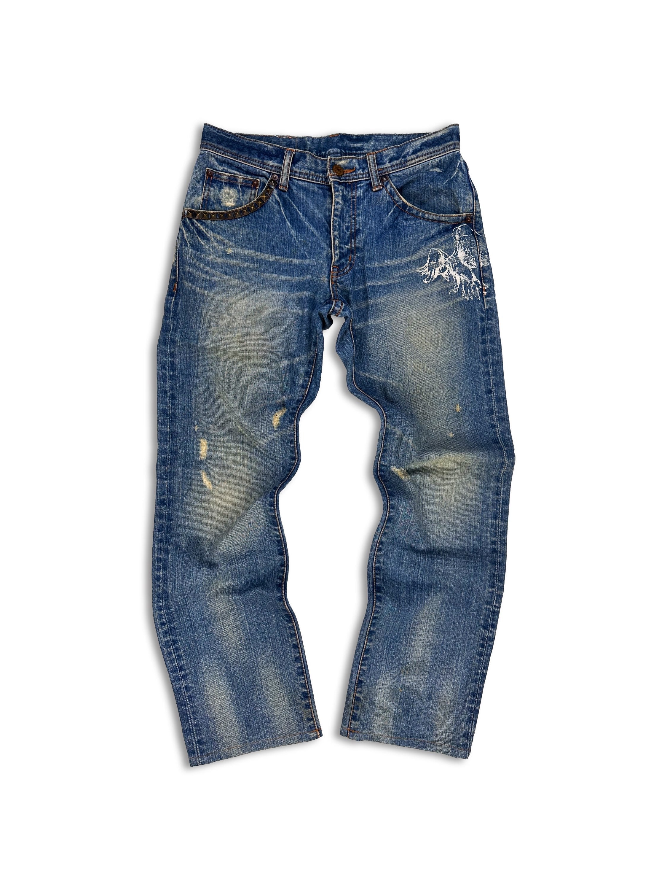 00s Tete Homme ‘Pirate’ Studded Distressed Light Wash Denim