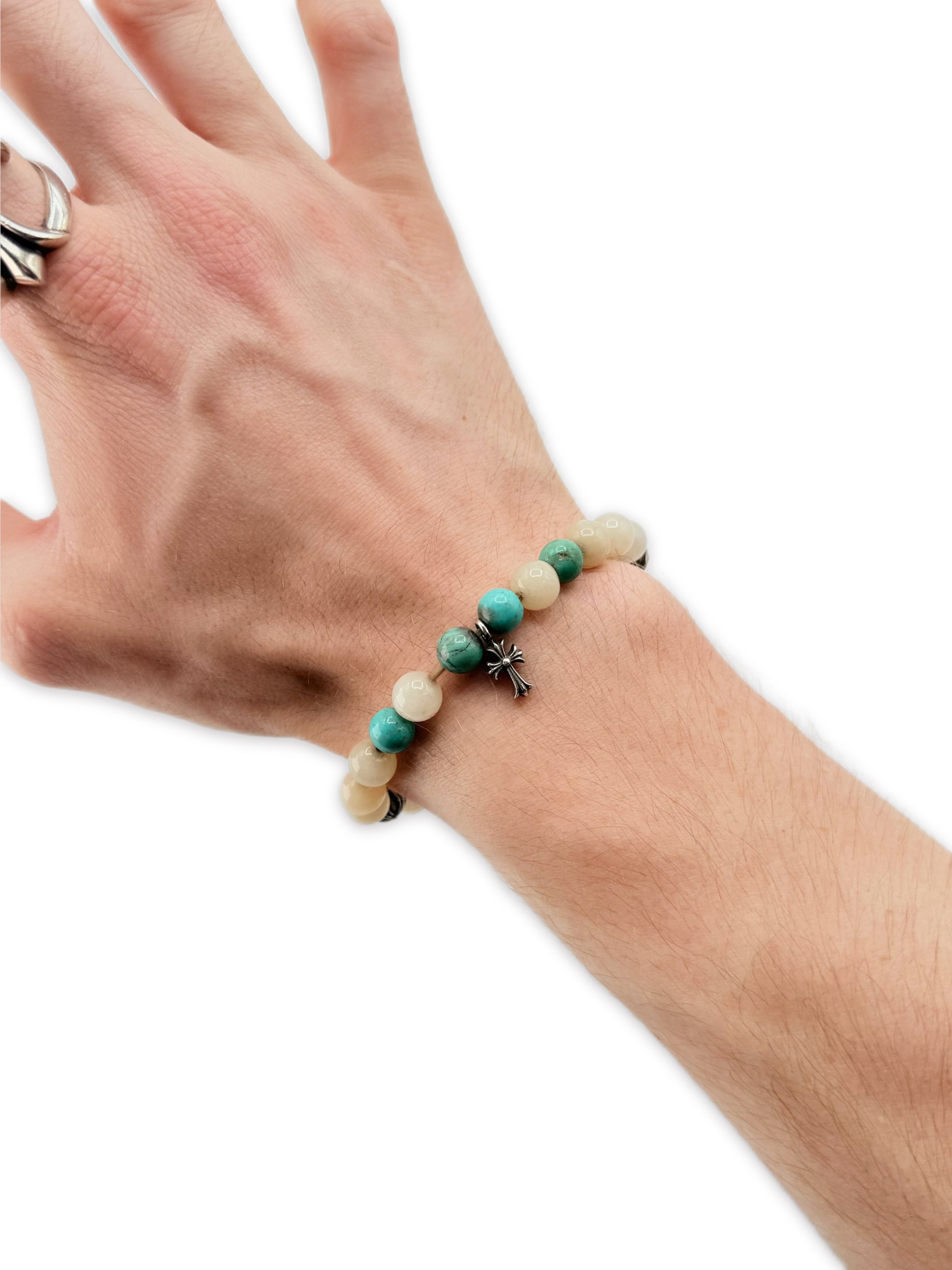 Chrome Hearts ‘Tiny E’ Cross Quartz / Turquoise Bead Bracelet