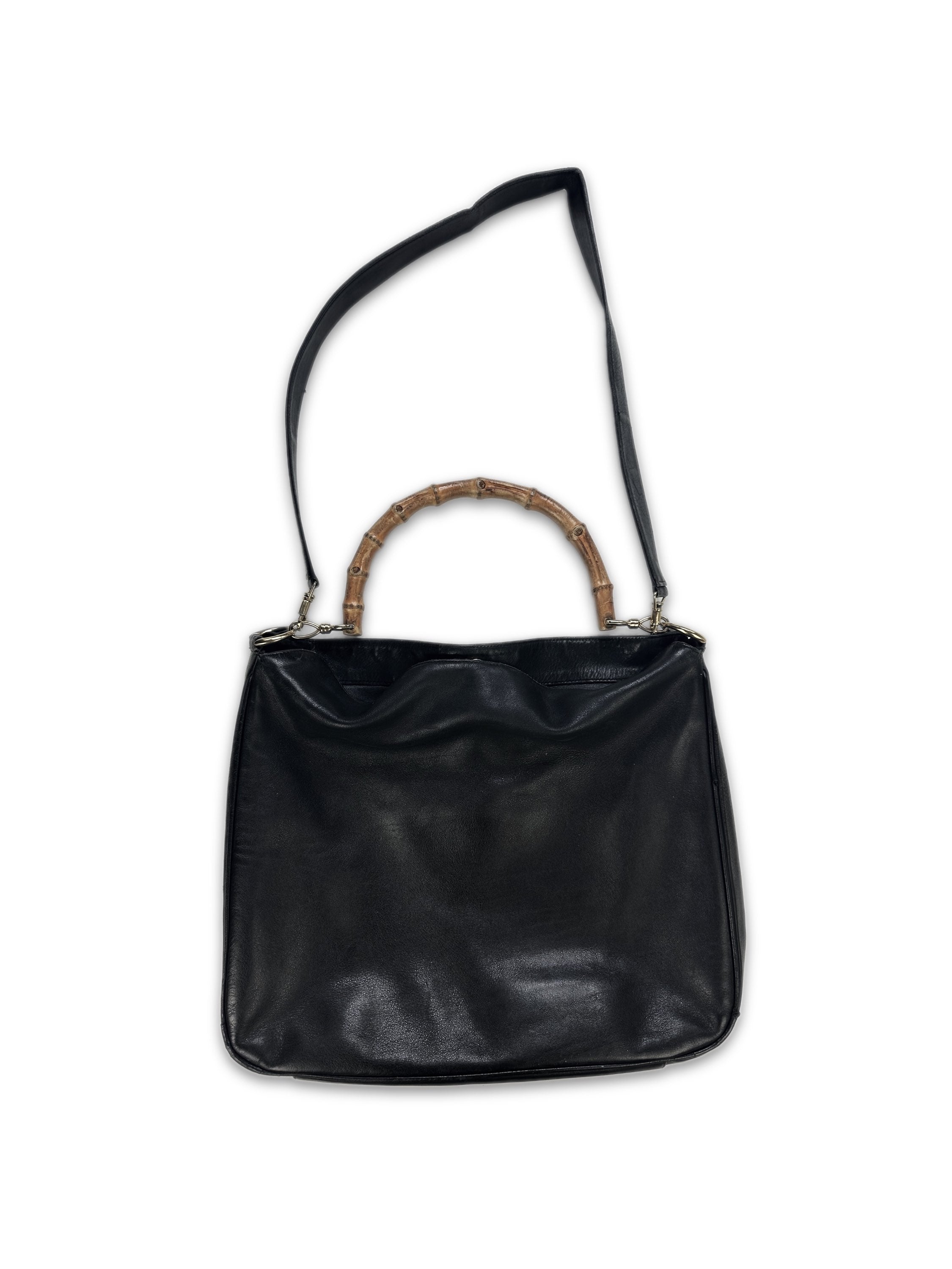 00s Gucci Bamboo Handle Black Leather Hand Bag