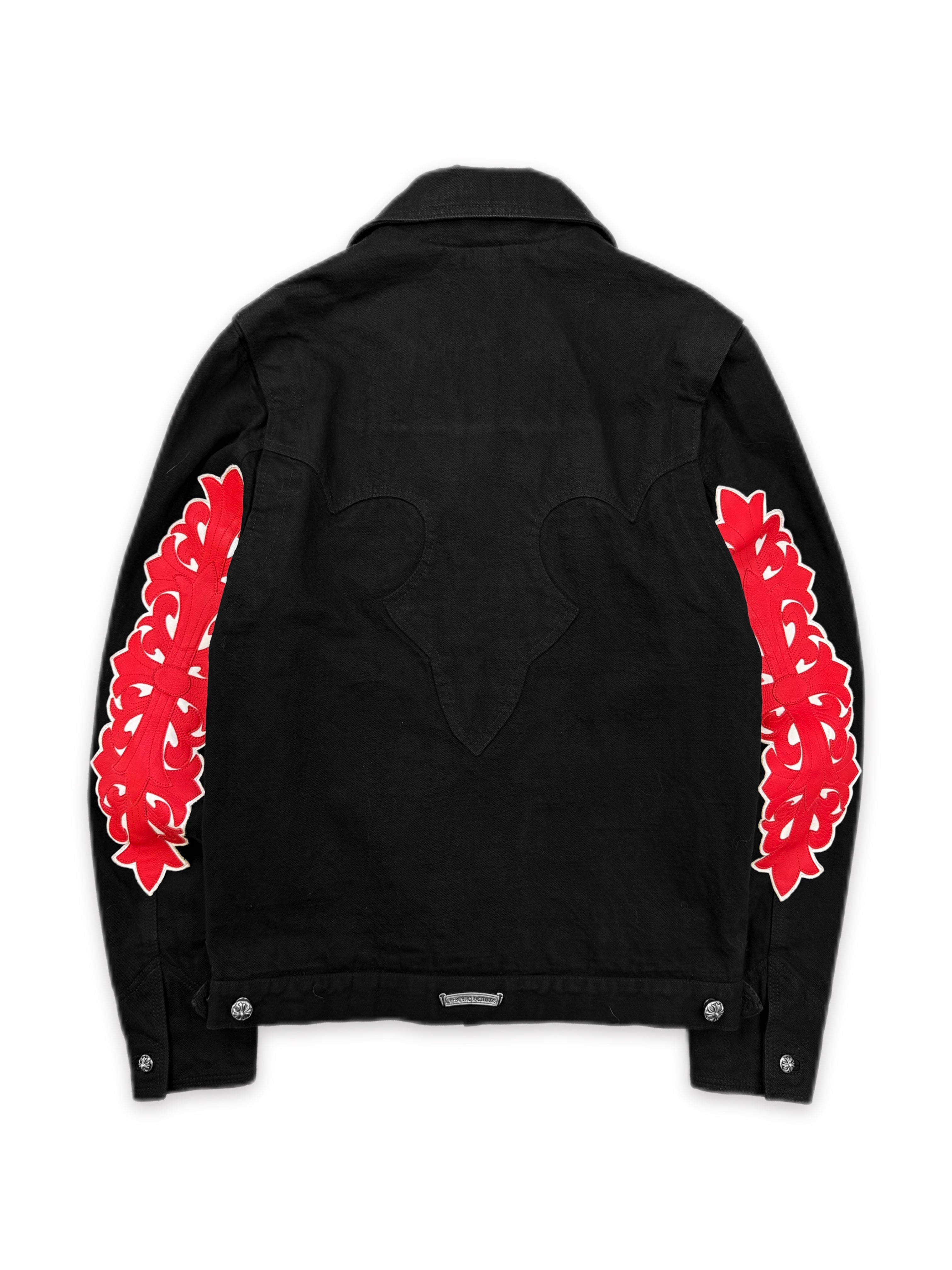 Chrome Hearts Red Fleur Sleeve Patch Black Denim Trucker Jacket