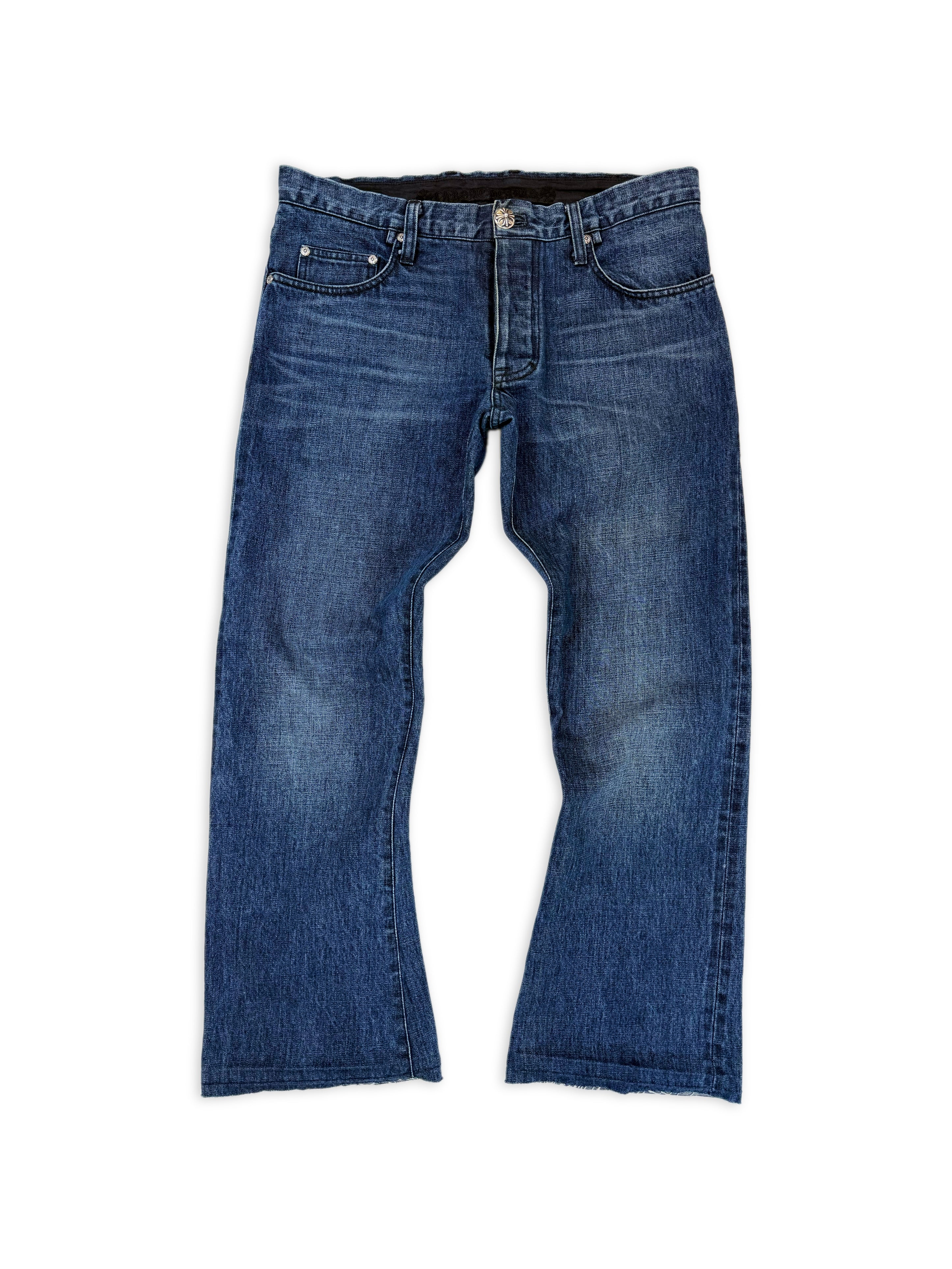 Chrome Hearts Dual Leather Cross Patch Flared Blue Wash Denim Jeans
