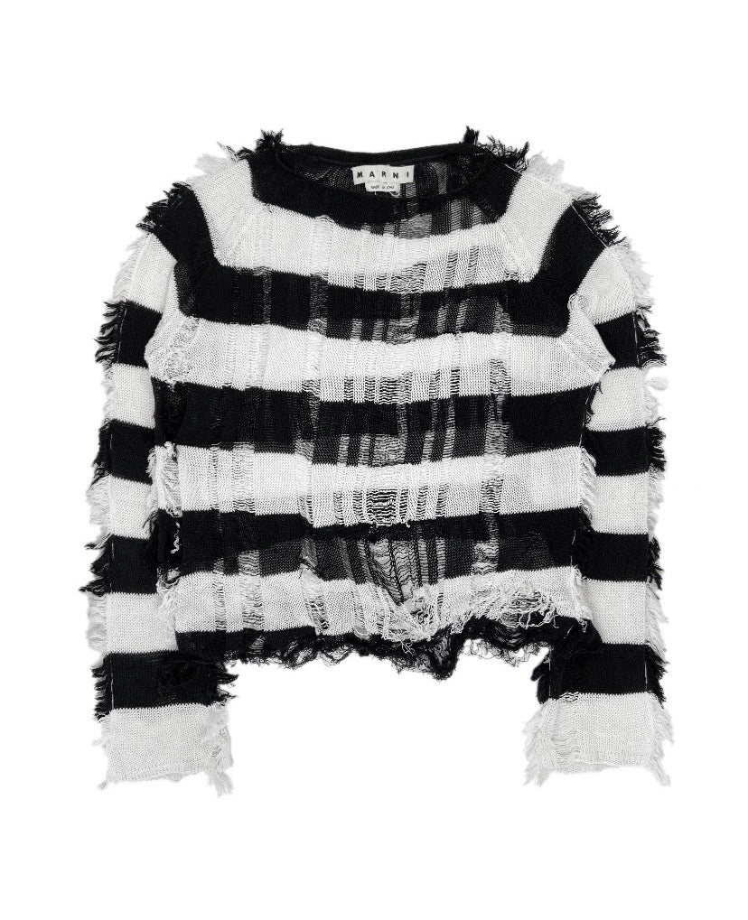 Marni Distressed Knit Striped Loose Weave Mohair Sweater