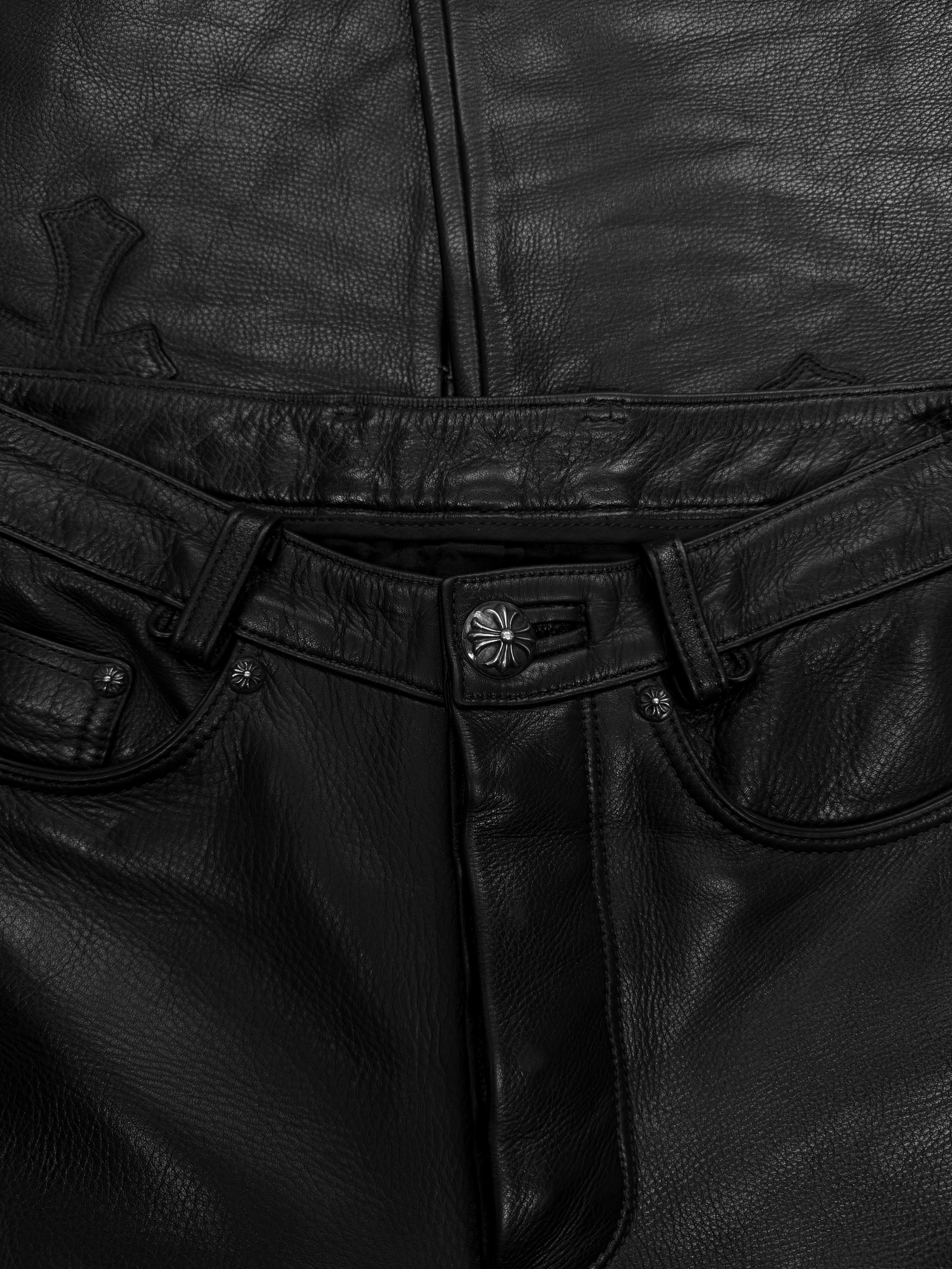 Chrome Hearts 34 Cross Patch Black Leather Fleur Knee Pants