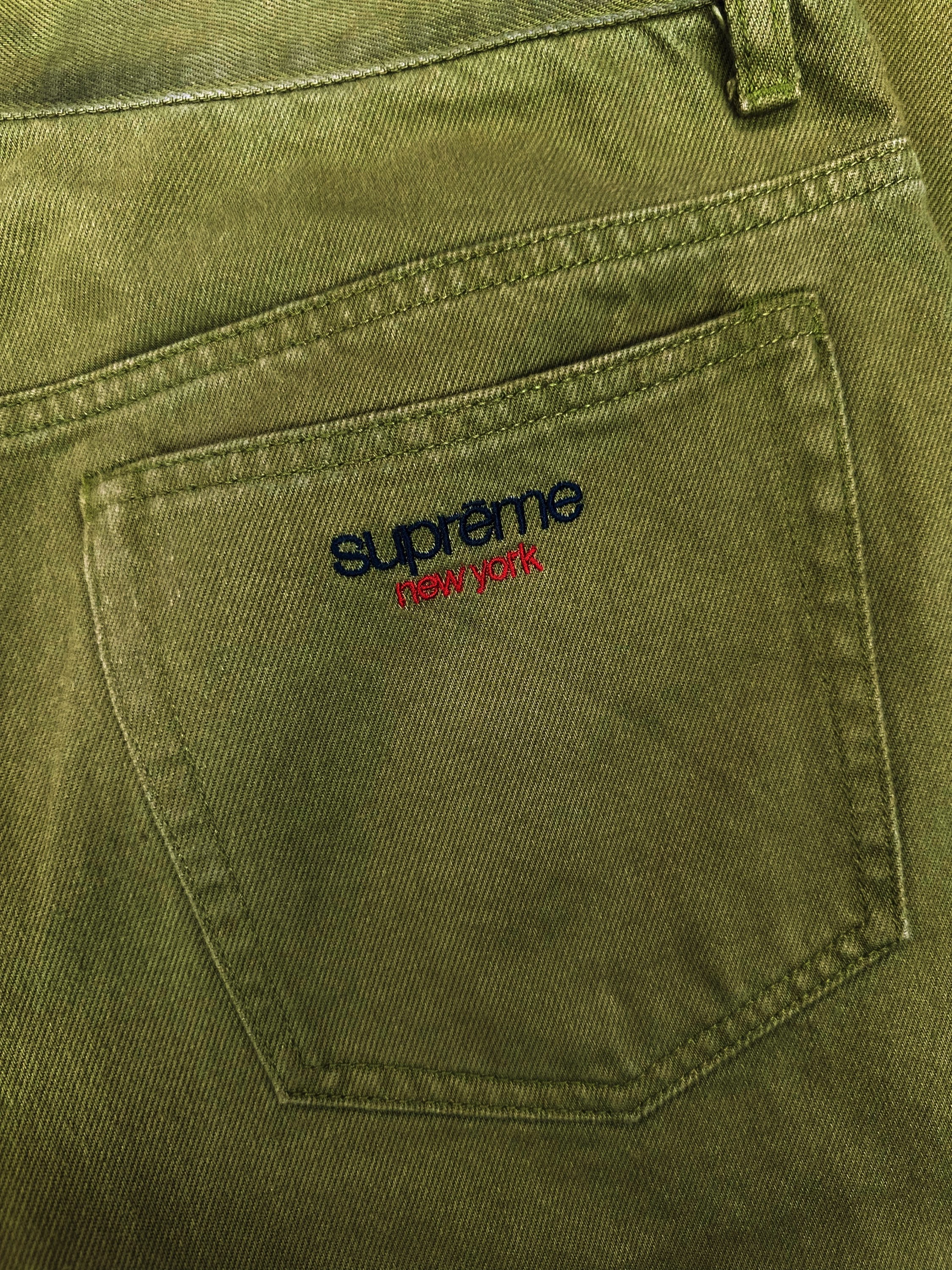 Supreme Olive Green Embroidered Back Logo Wide Cut Denim