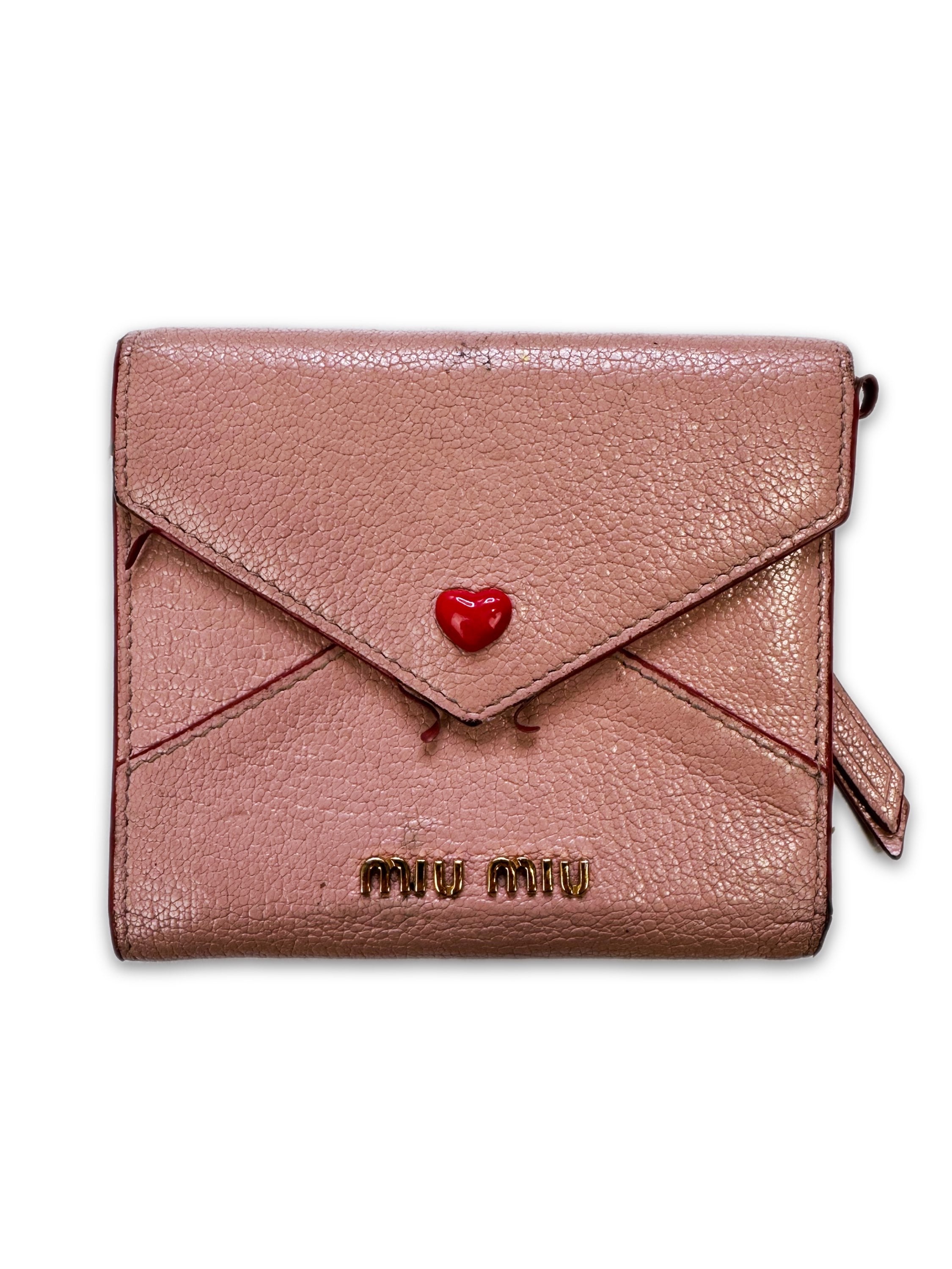 00s Miu Miu Pink Leather ‘Heart’ Motif Trifold Wallet