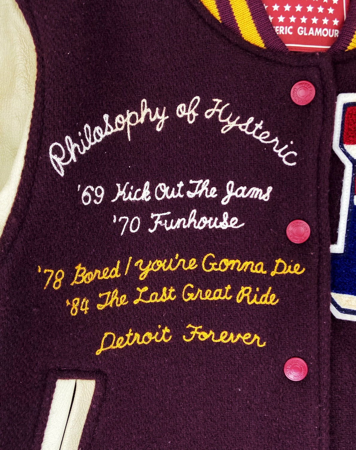 Hysteric Glamour “Detroit” Maroon Patched Leather Varsity Jacket