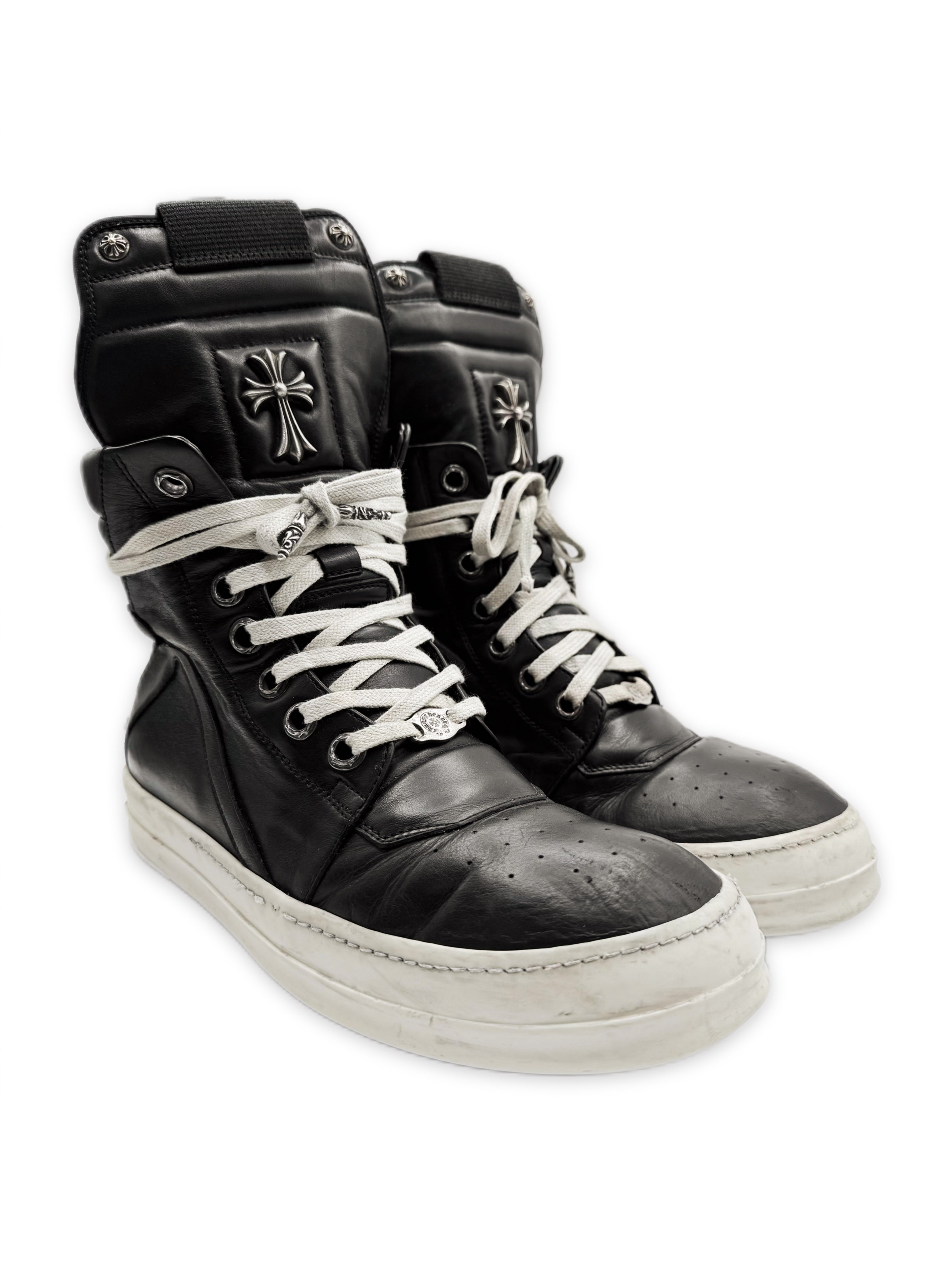 Chrome Hearts x Rick Owens Cross Dagger Hi-top Leather Geobasket Sneakers