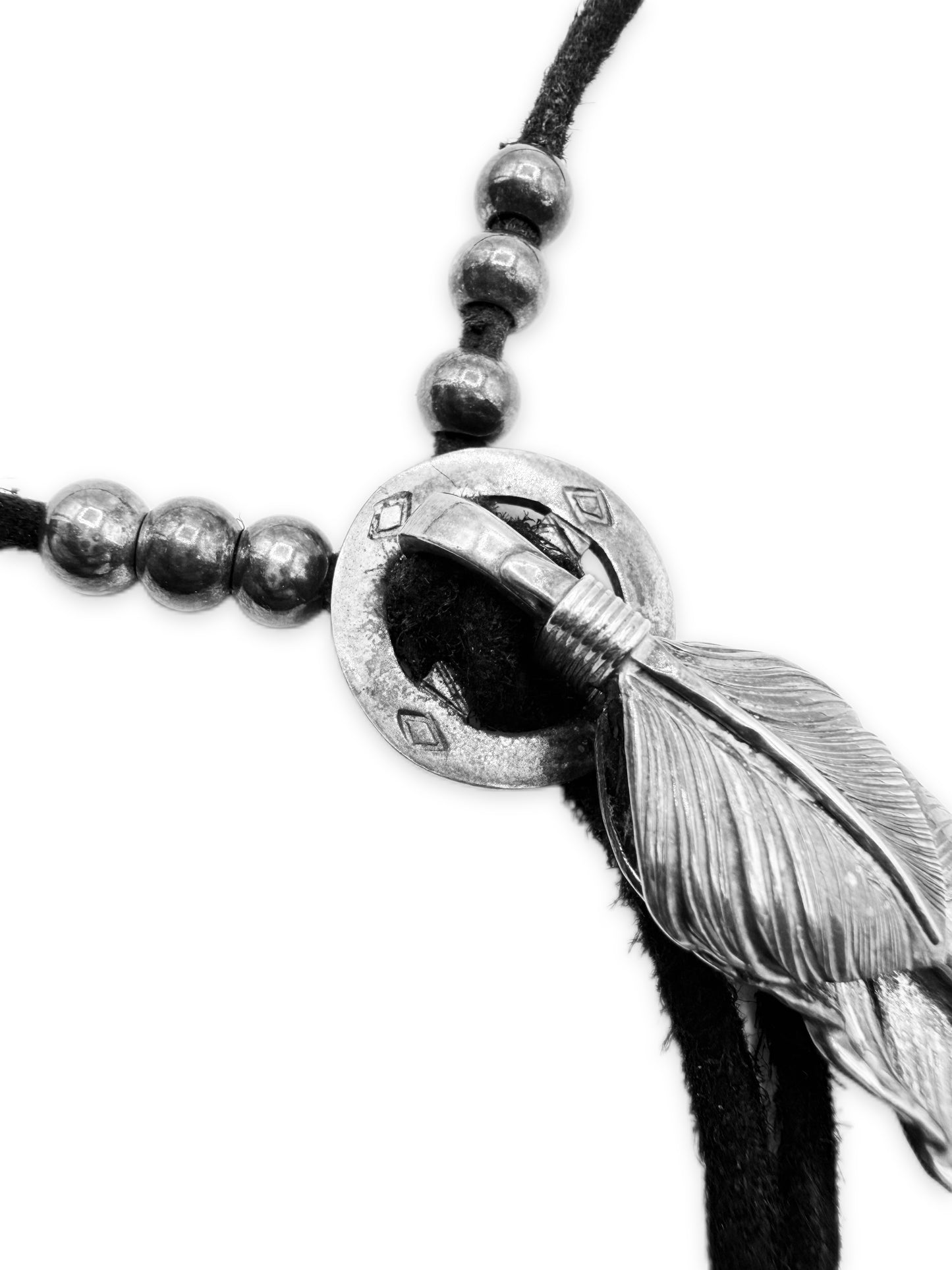 Goros Silver Feather Wheel Bead Leather Necklace Setup