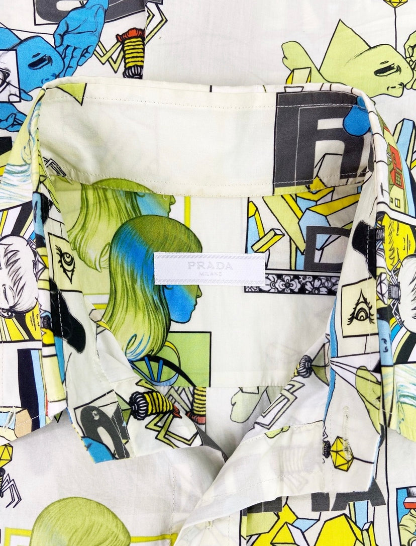 SS18 Prada Camp Collar Button Up Full Print Comic Shirt