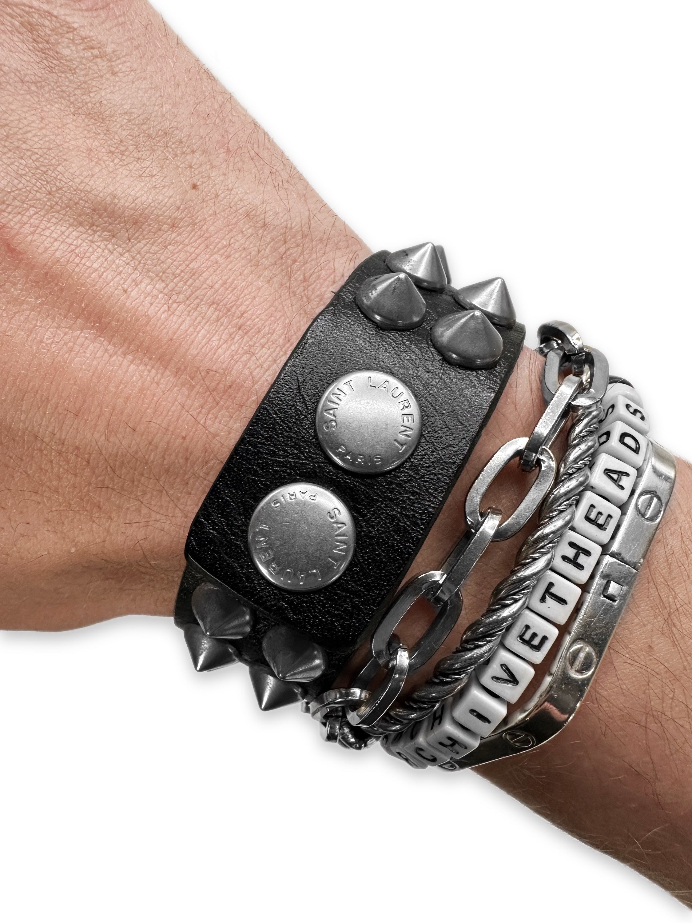Saint Laurent Paris Black Leather Studded Punk Bracelet
