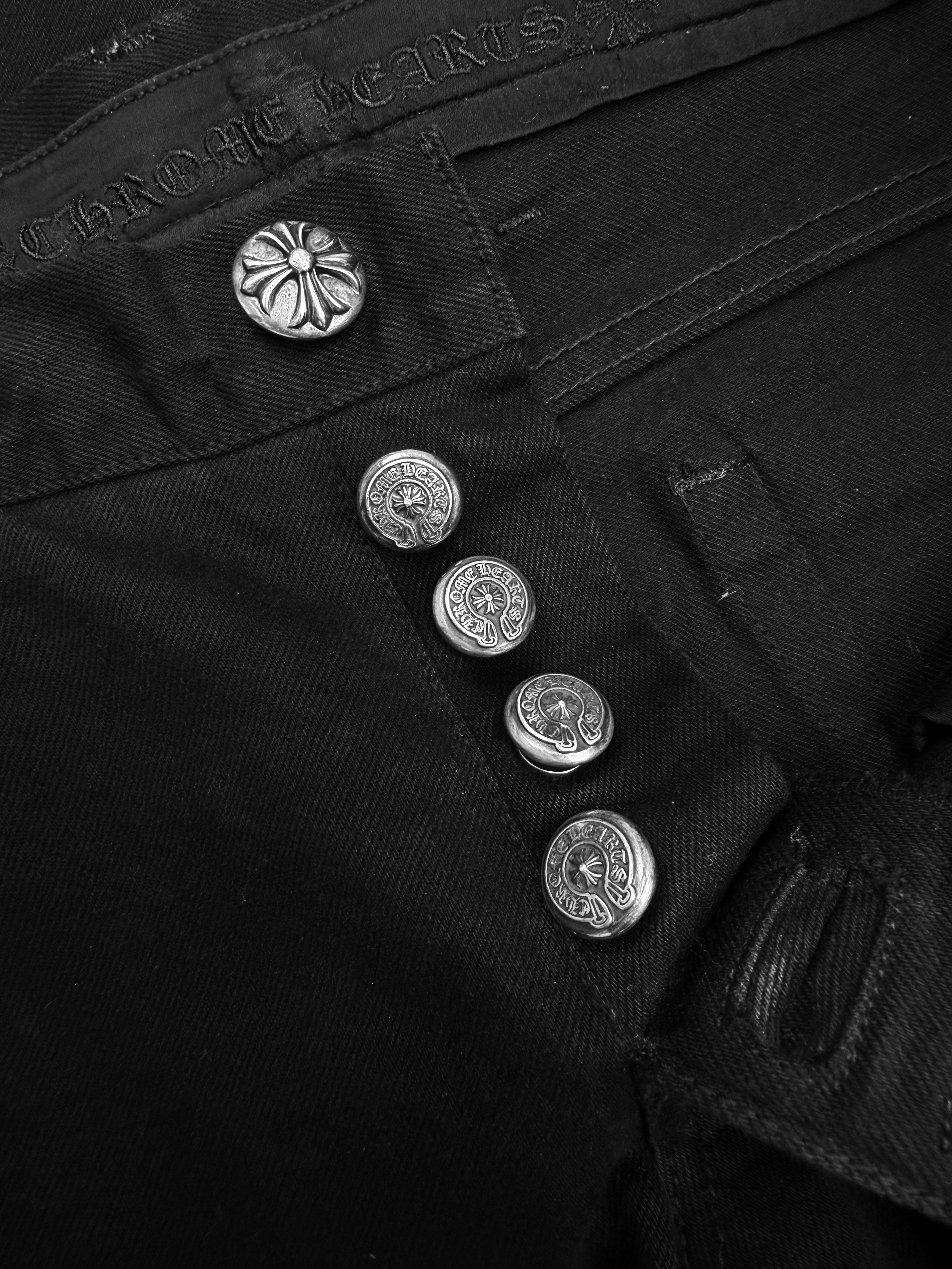 Chrome Hearts Flared .925 Silver Button Fly Black Scroll Denim