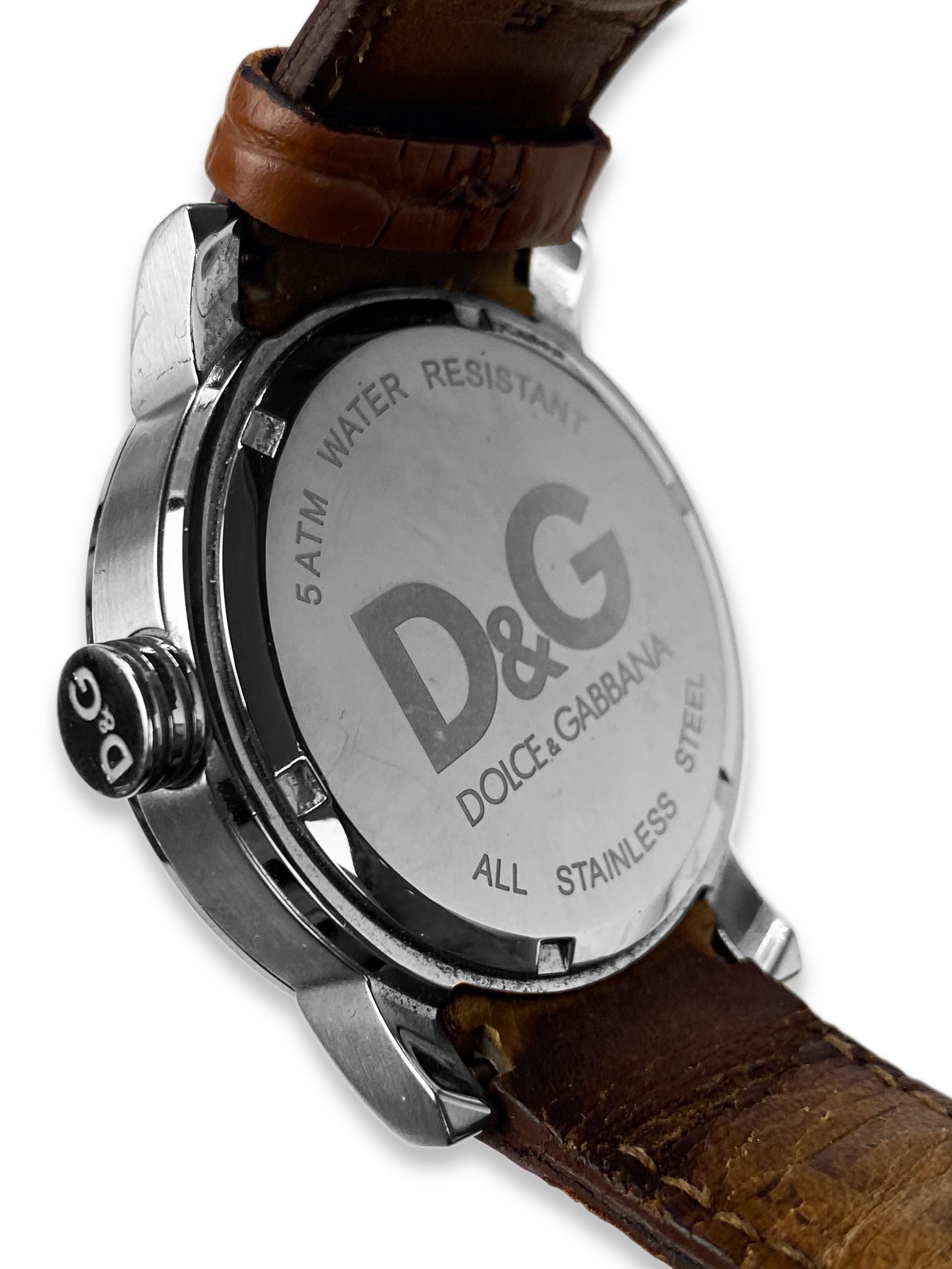 00s Dolce & Gabbana Brown Leather Band Silver Face Watch