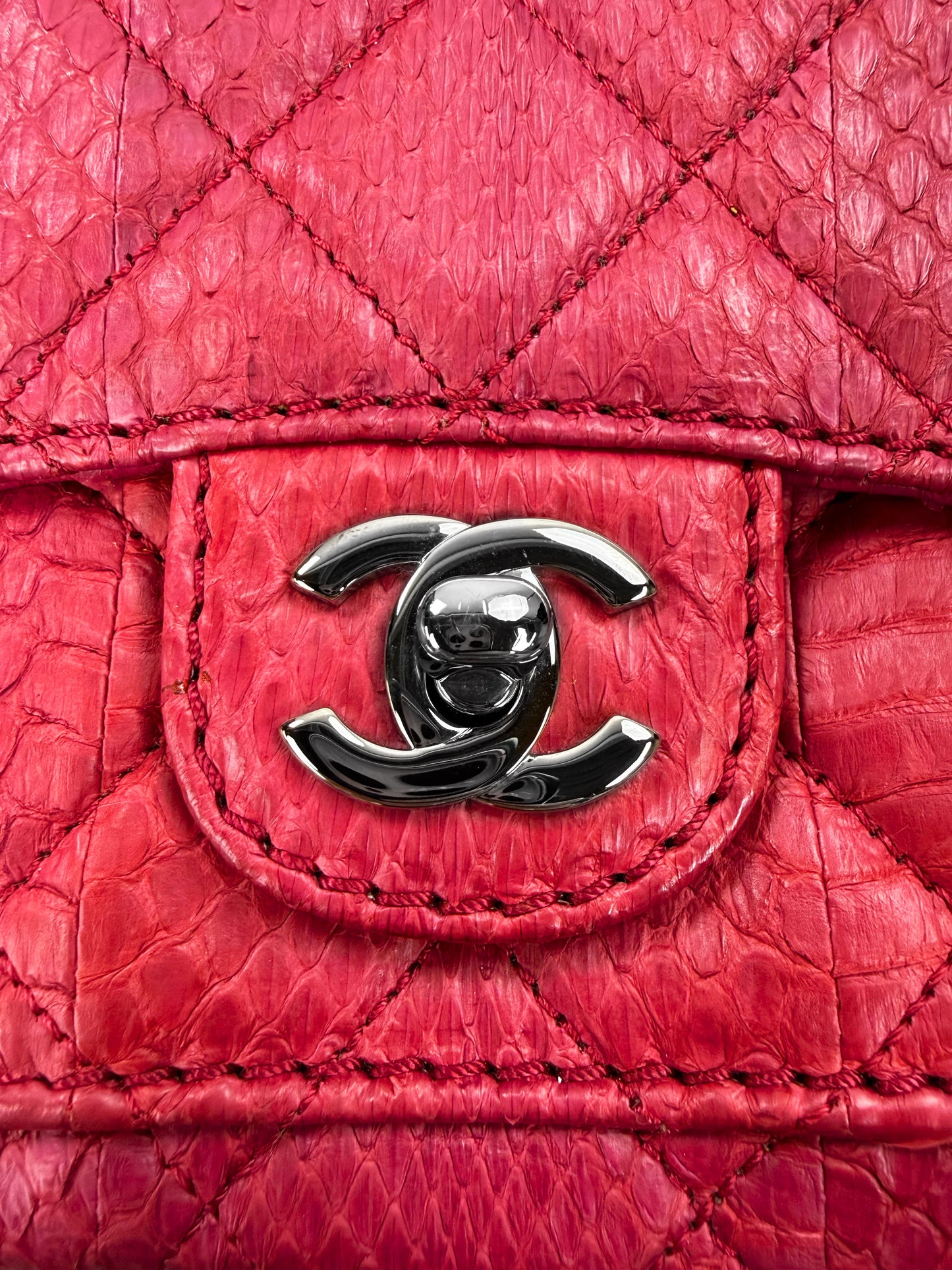 Chanel Fuchsia Pink Python Leather Quilted Flap Paradoxal Camera Bag Purse