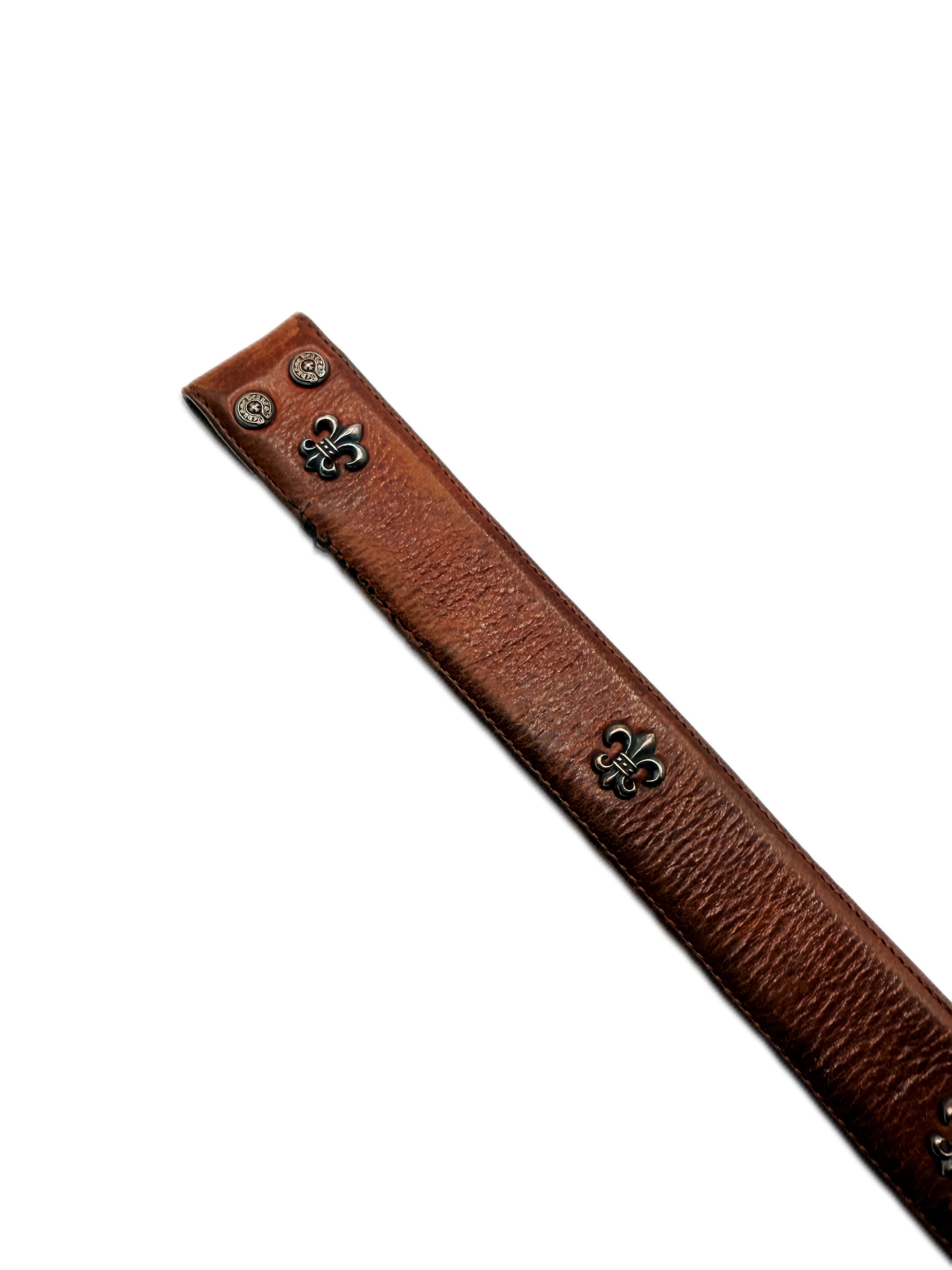 Chrome Hearts Fleur de Lis .925 Silver Brown Leather Belt Strap