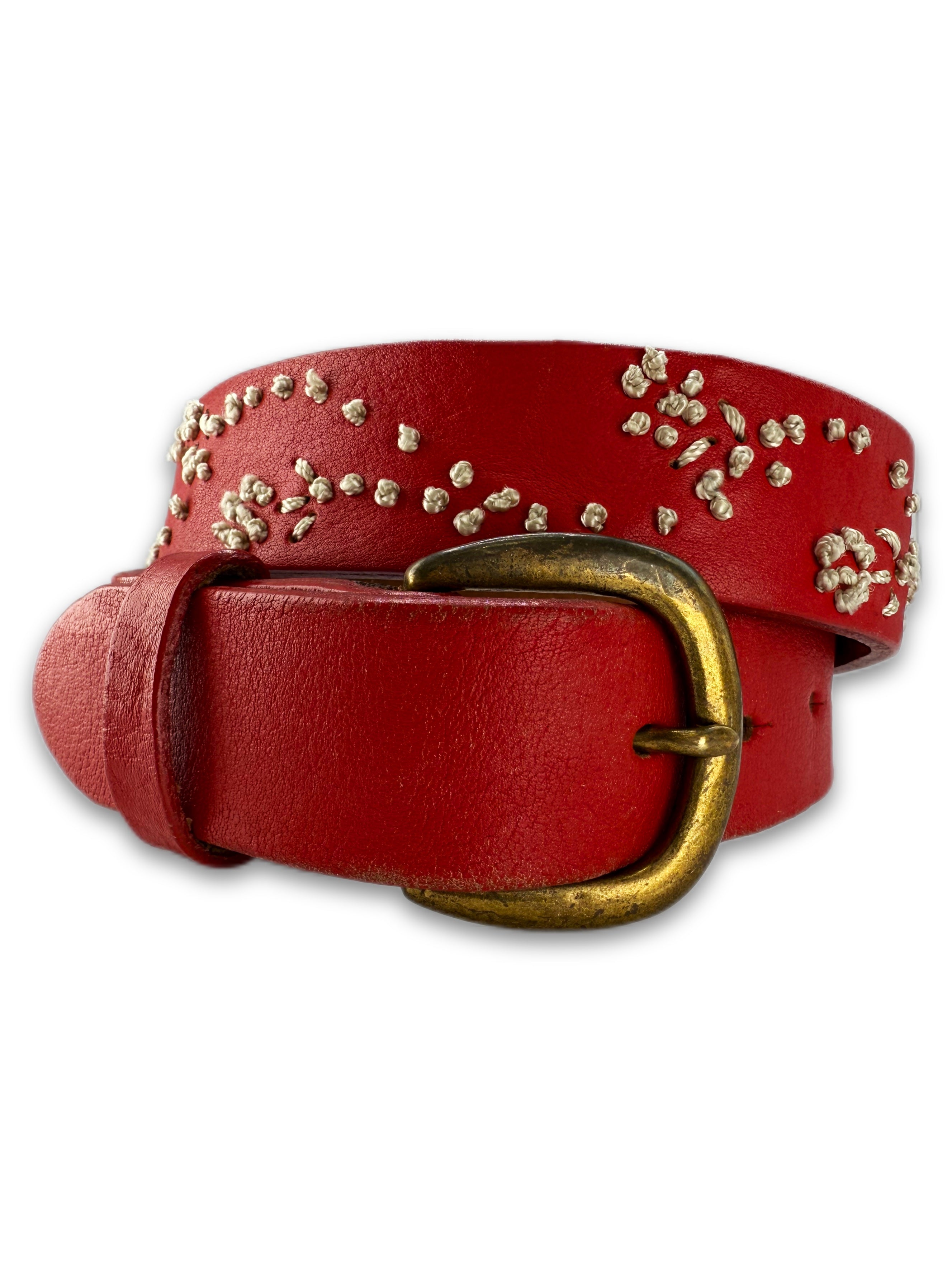 Kapital Floral Embroidery Red Leather Bronze Buckle Belt