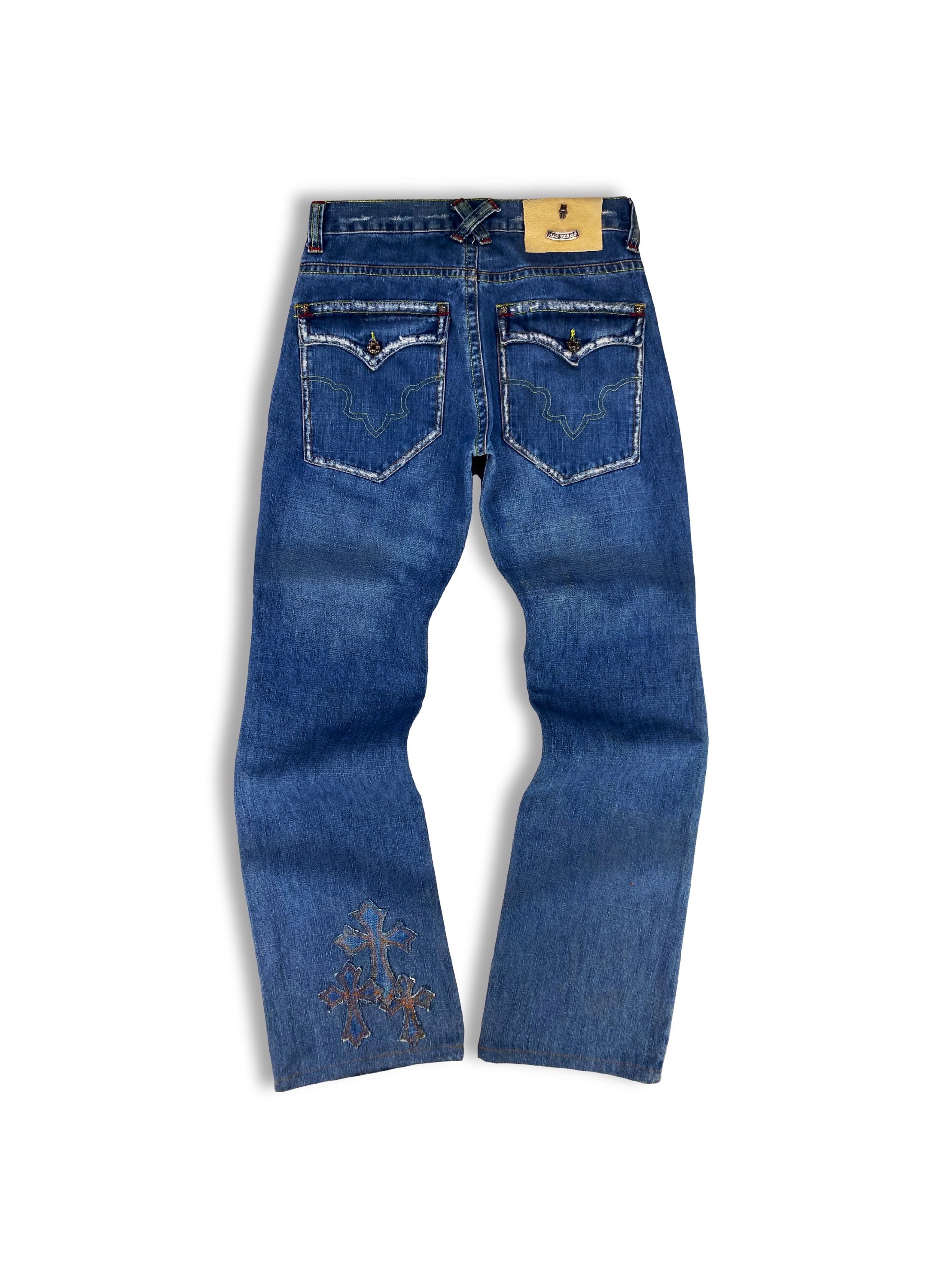 90s A&amp;G Rock ‘n Roll Couture ‘Triple Cross’ Stingray Leather Denim