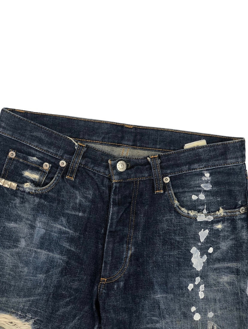 1998 Helmut Lang Distressed Paint Splatter Denim Shorts