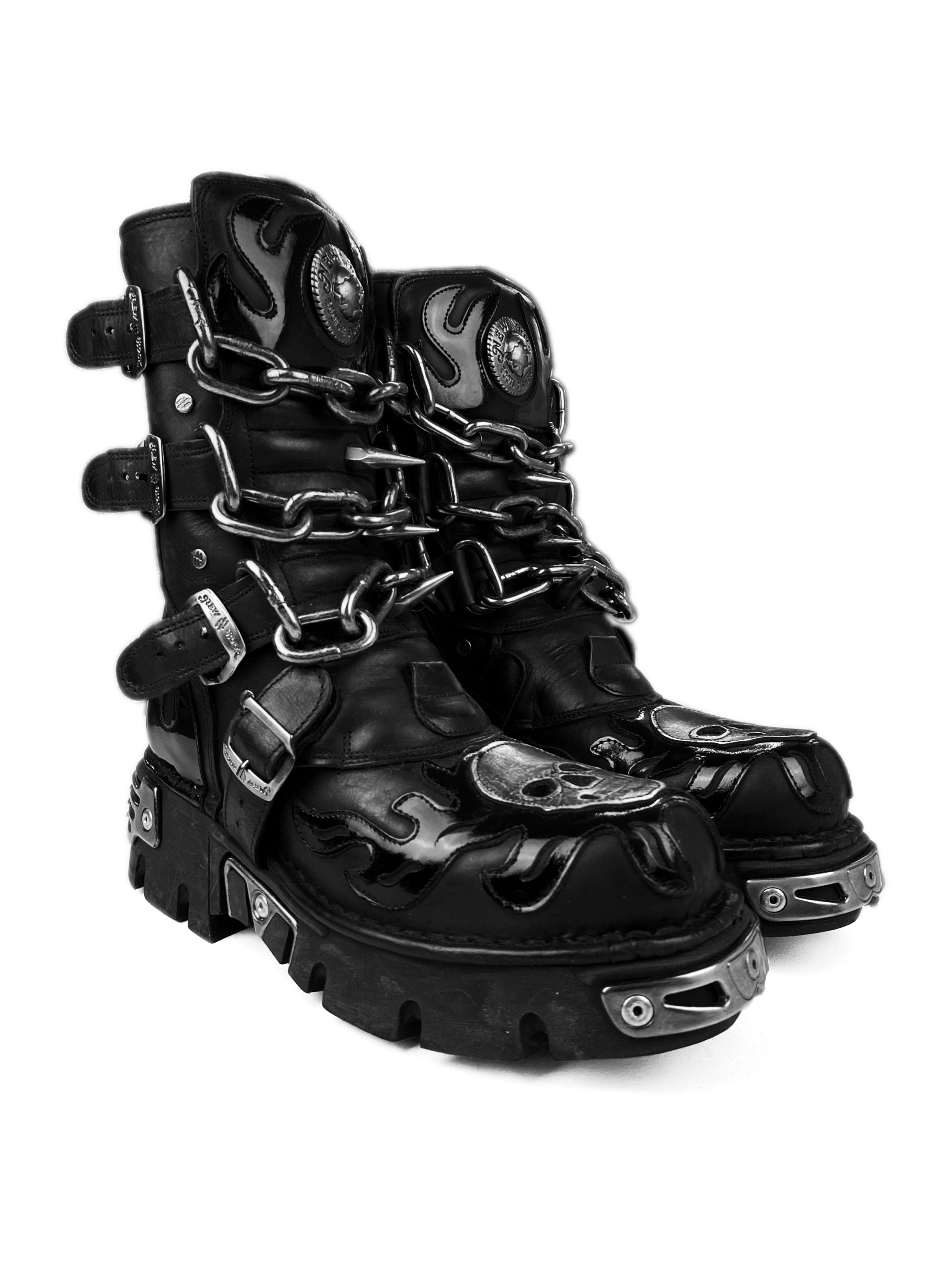 00s New Rock ‘Skull’ Spiked Chainlink Leather Platform Boots