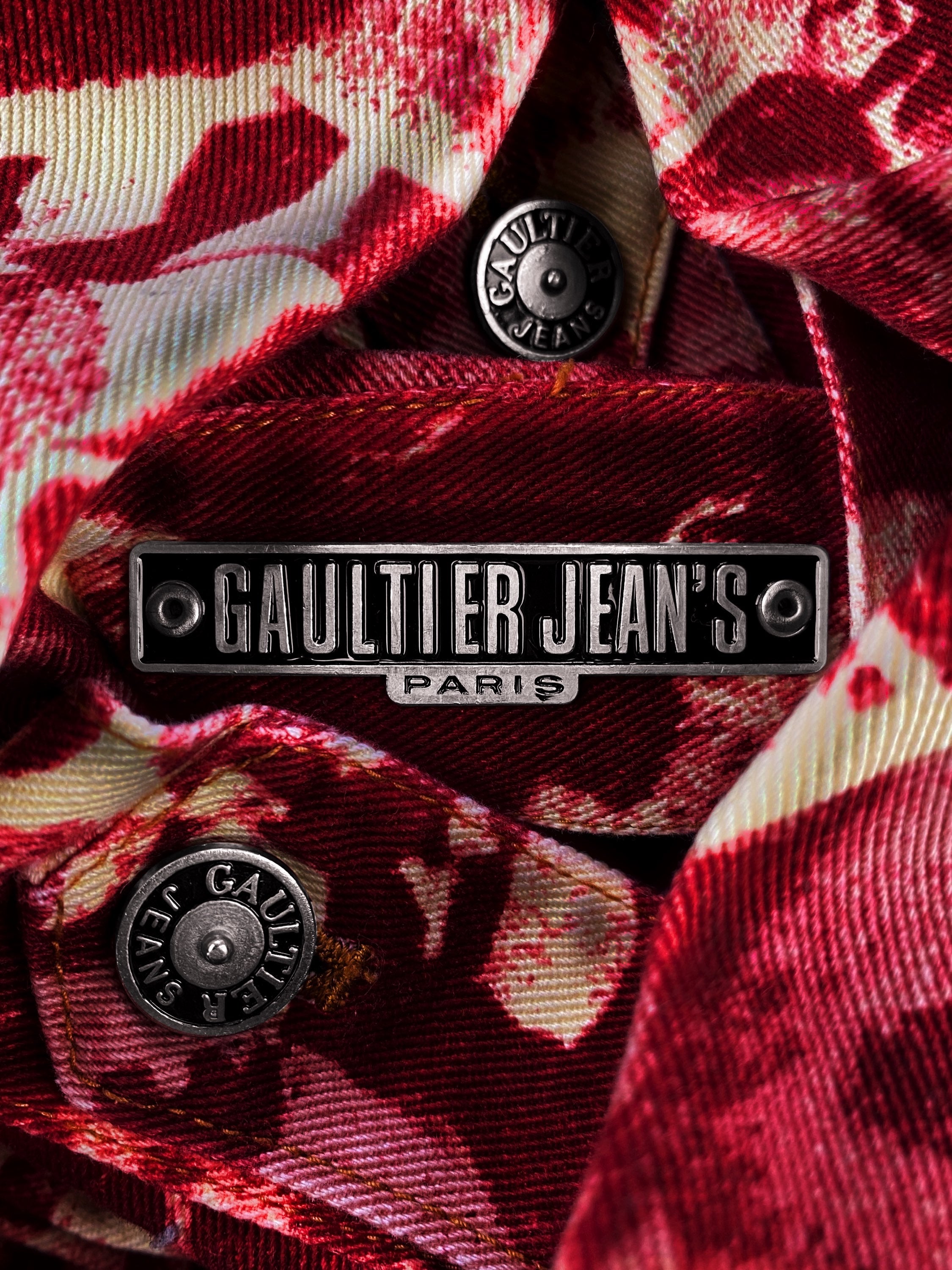 AW92 Jean Paul Gaultier “Faces” Jacquard Maroon Denim Jacket