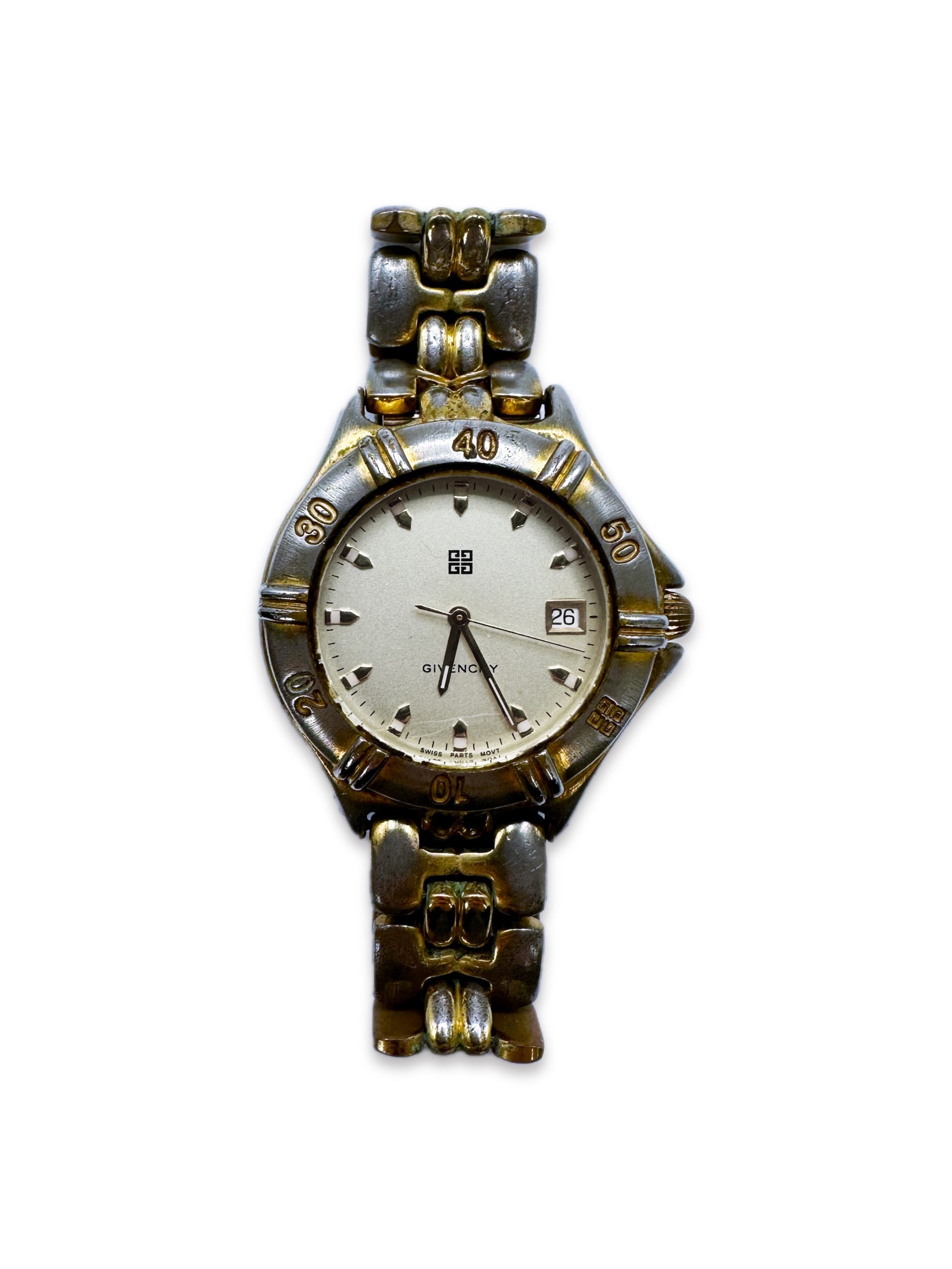 Givenchy Silver / Gold White Face Metallic Wristwatch