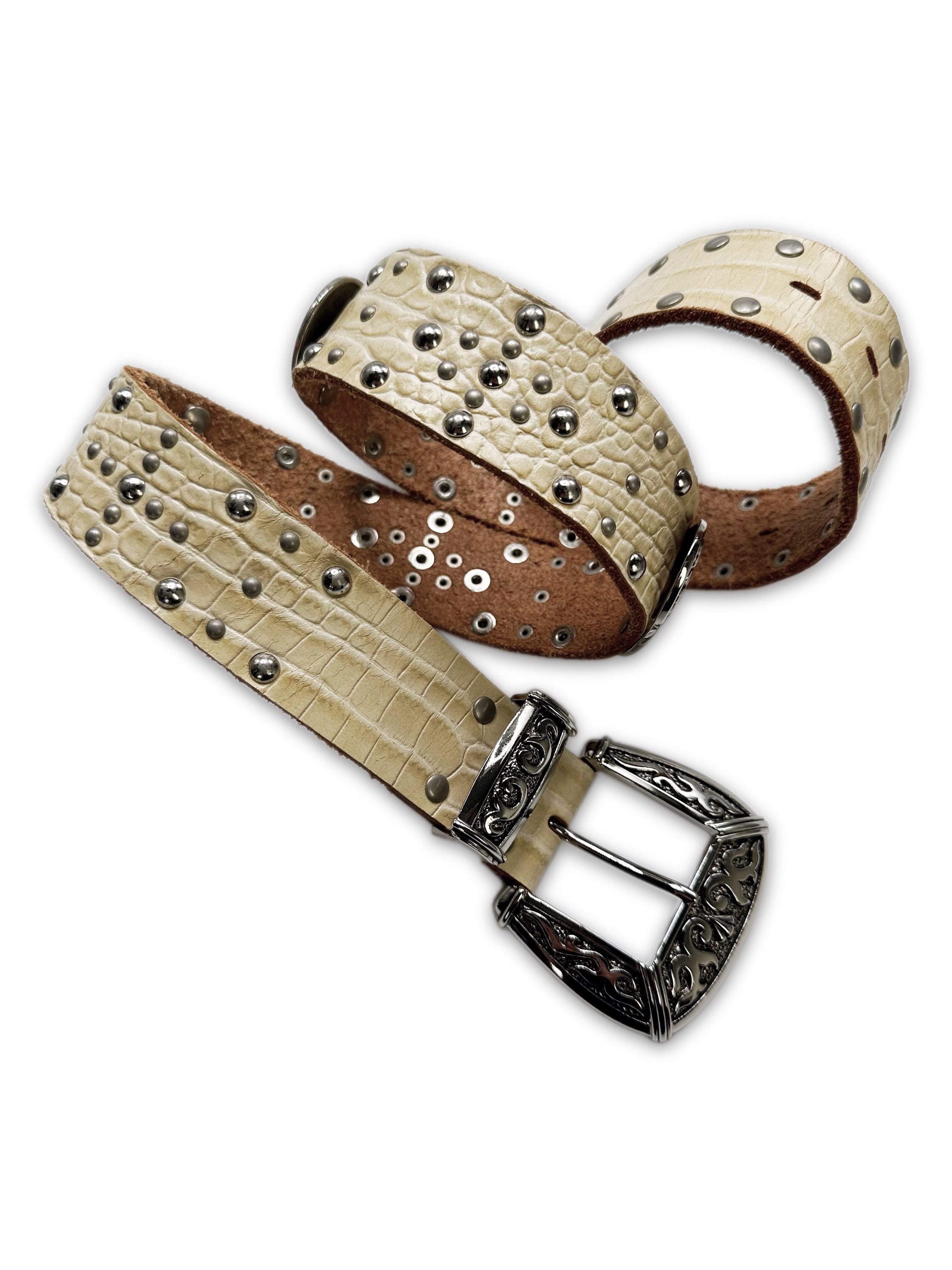 00s Tornado Mart Faux Croc White Studded Western Belt