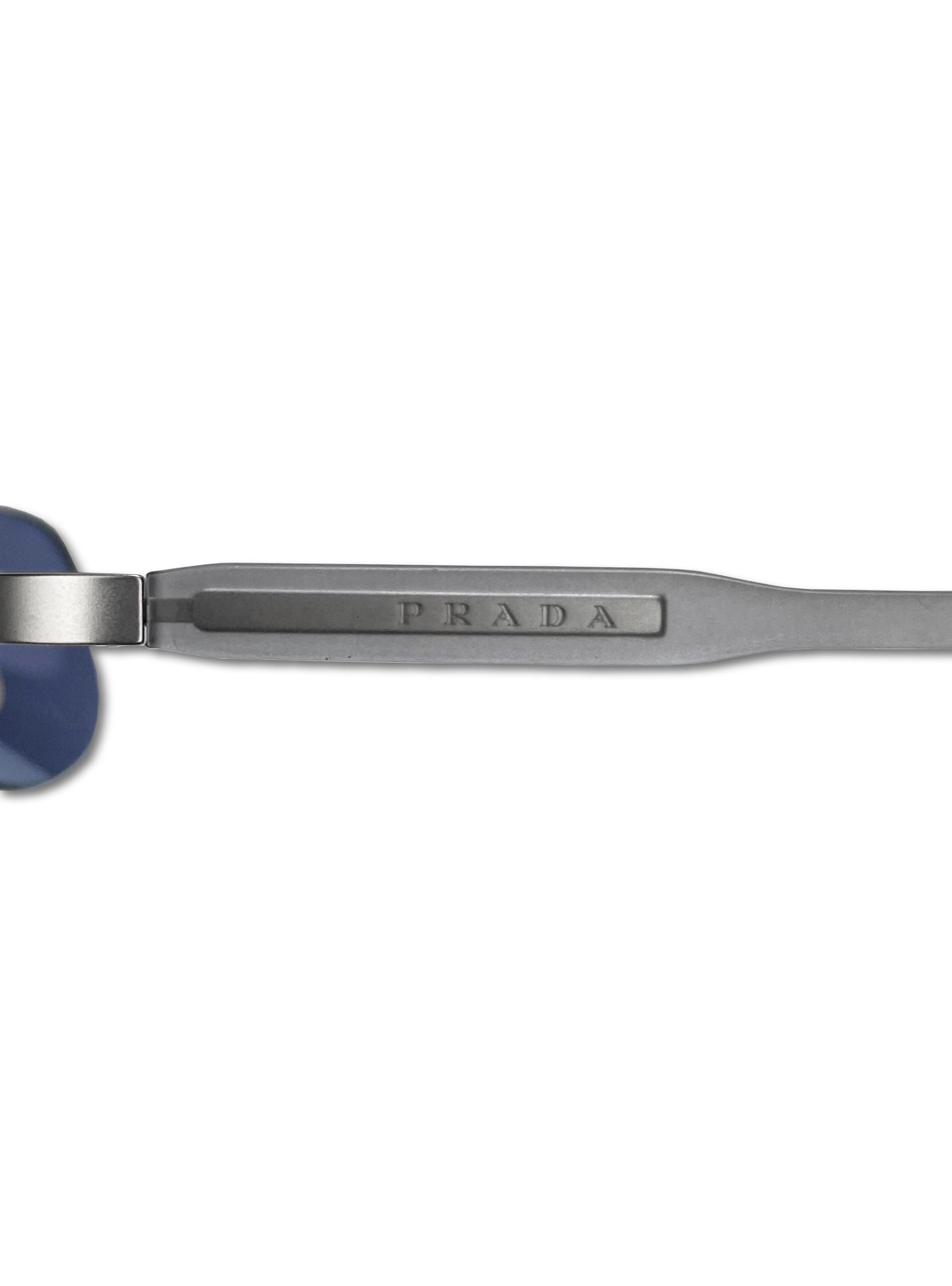 Prada Blue Tint Rounded Metallic Logo Etched Sunglasses