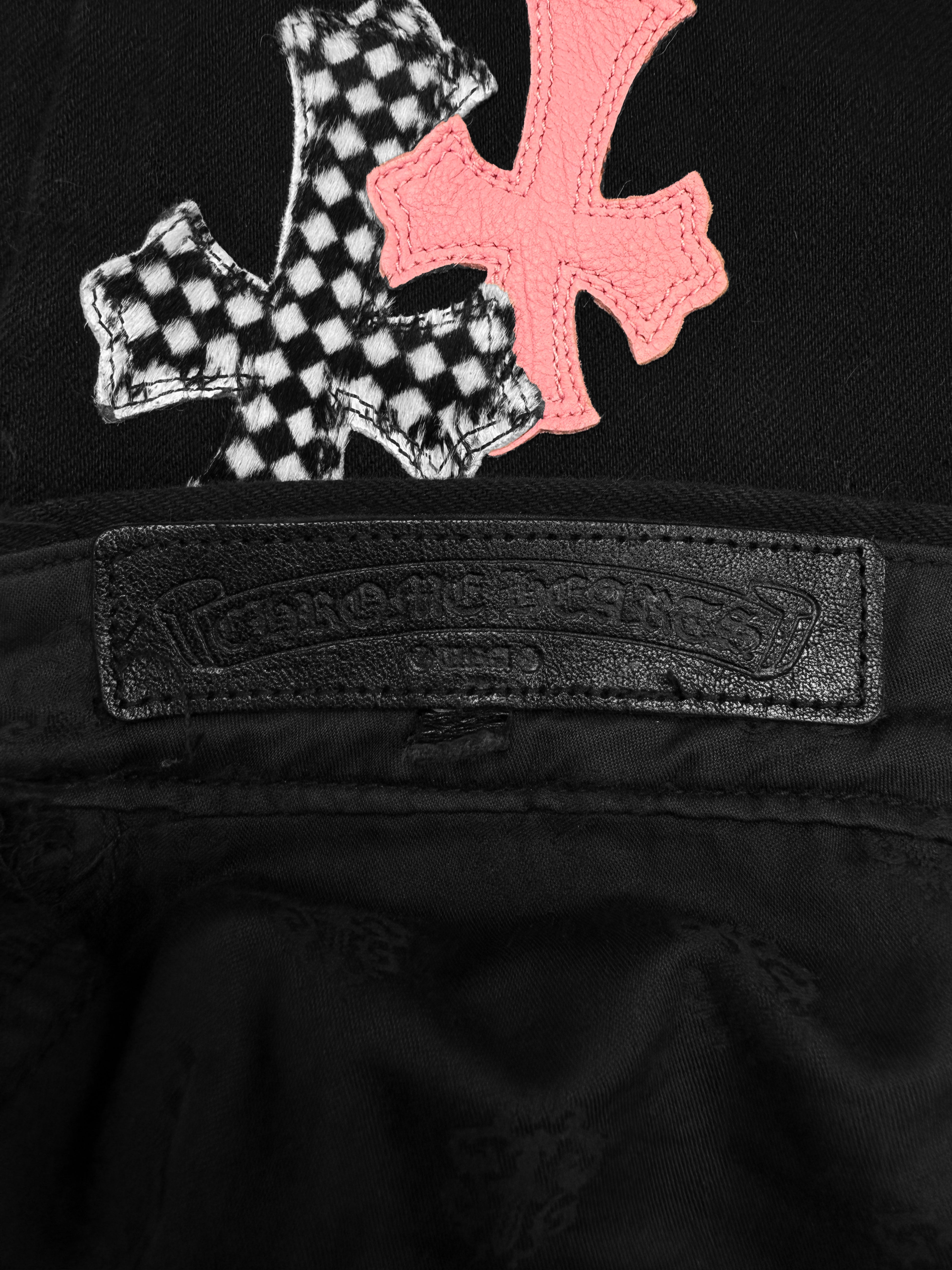 Chrome Hearts Checkered Pink Cross Patch Fleur Knee Denim