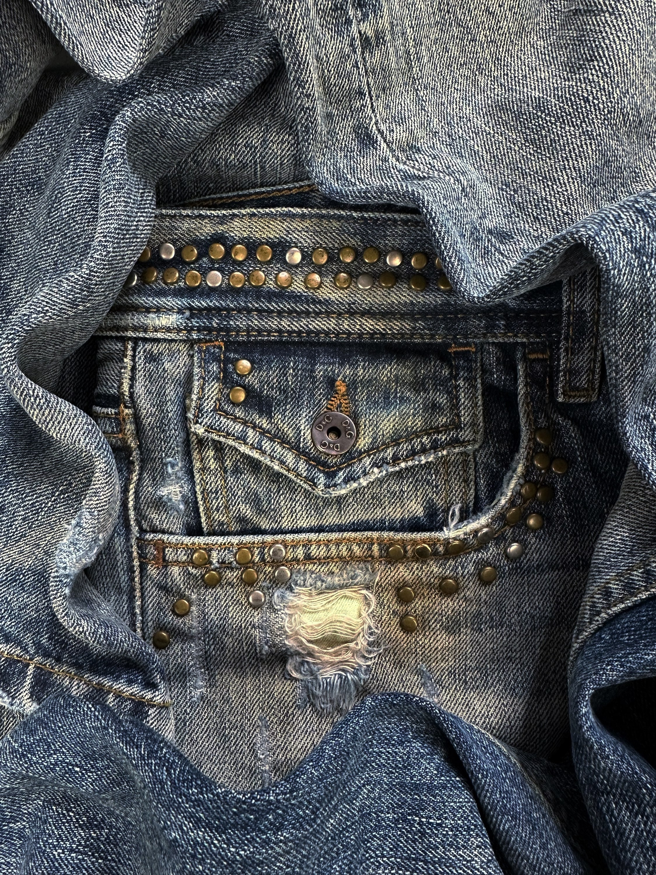 00s Dolce &amp; Gabbana Studded Wide Boot Cut Blue Wash Denim