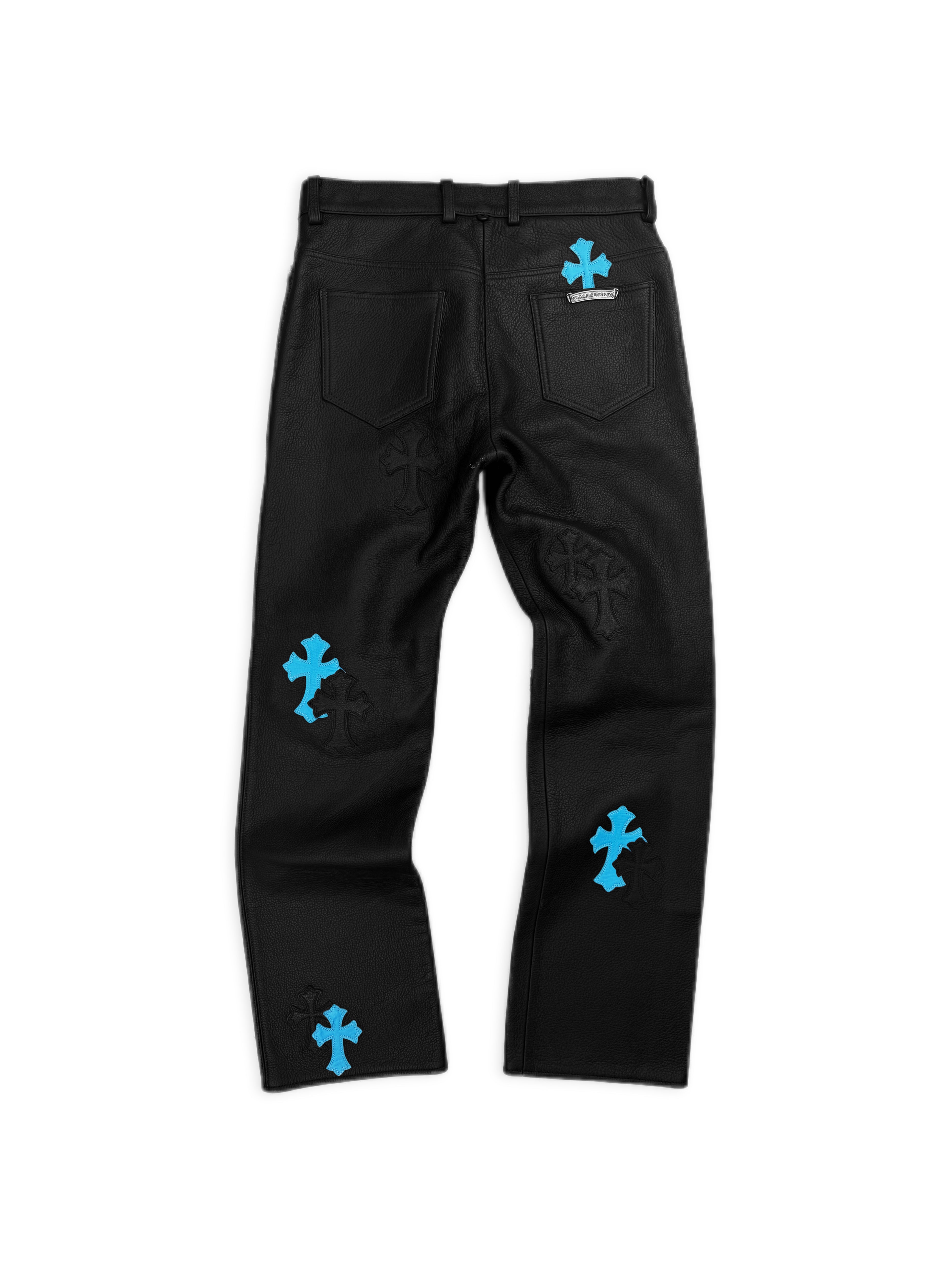 Chrome Hearts Baby Blue Cross Patch Leather Pants