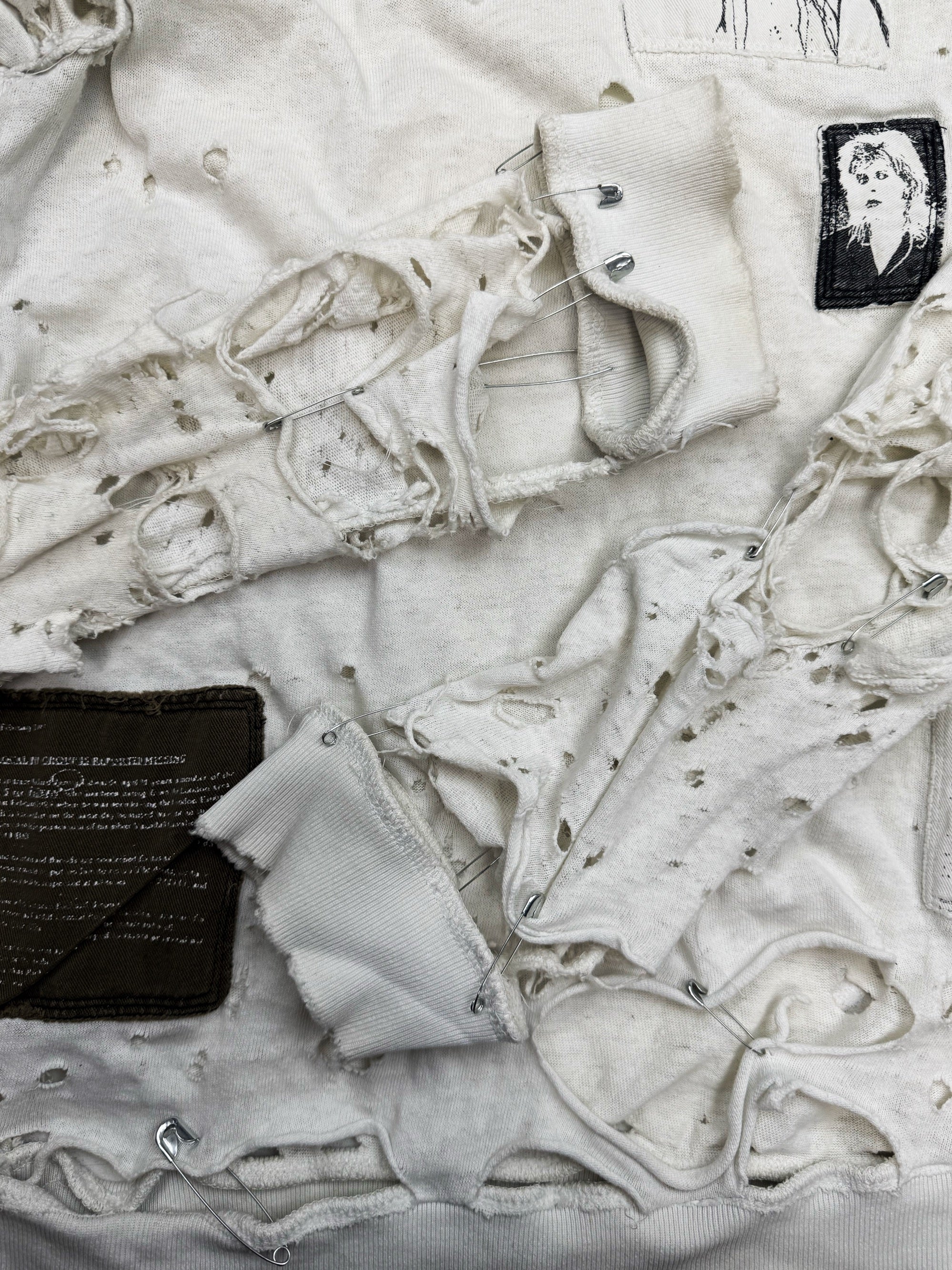 AW01 Raf Simons ‘Riot Riot Riot’ White Distressed Patchwork Crewneck