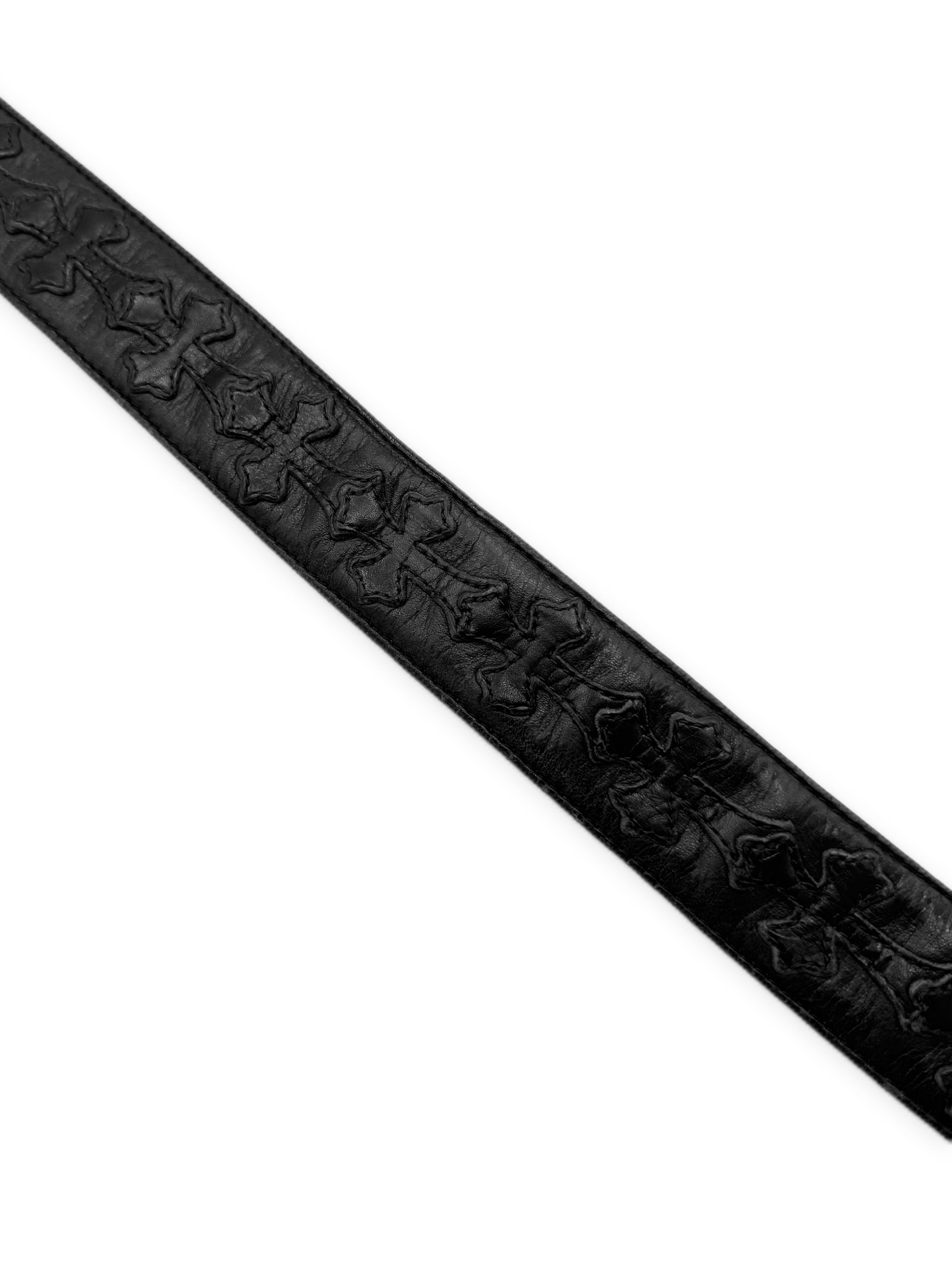 Chrome Hearts Cemetery Cross Patch Black Leather Belt Strap