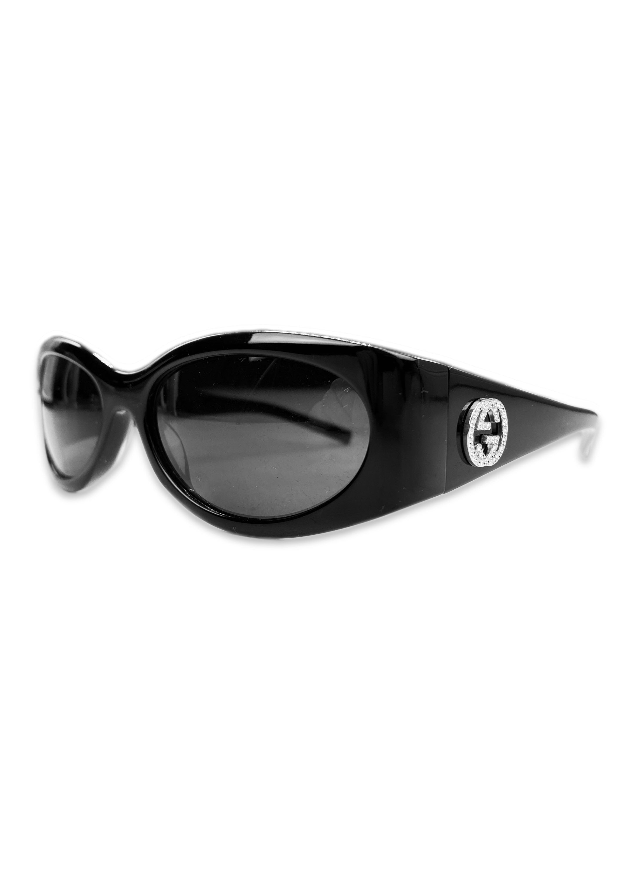Gucci ‘GG’ Rhinestone Logo Black Glossy Rounded Frame Sunglasses