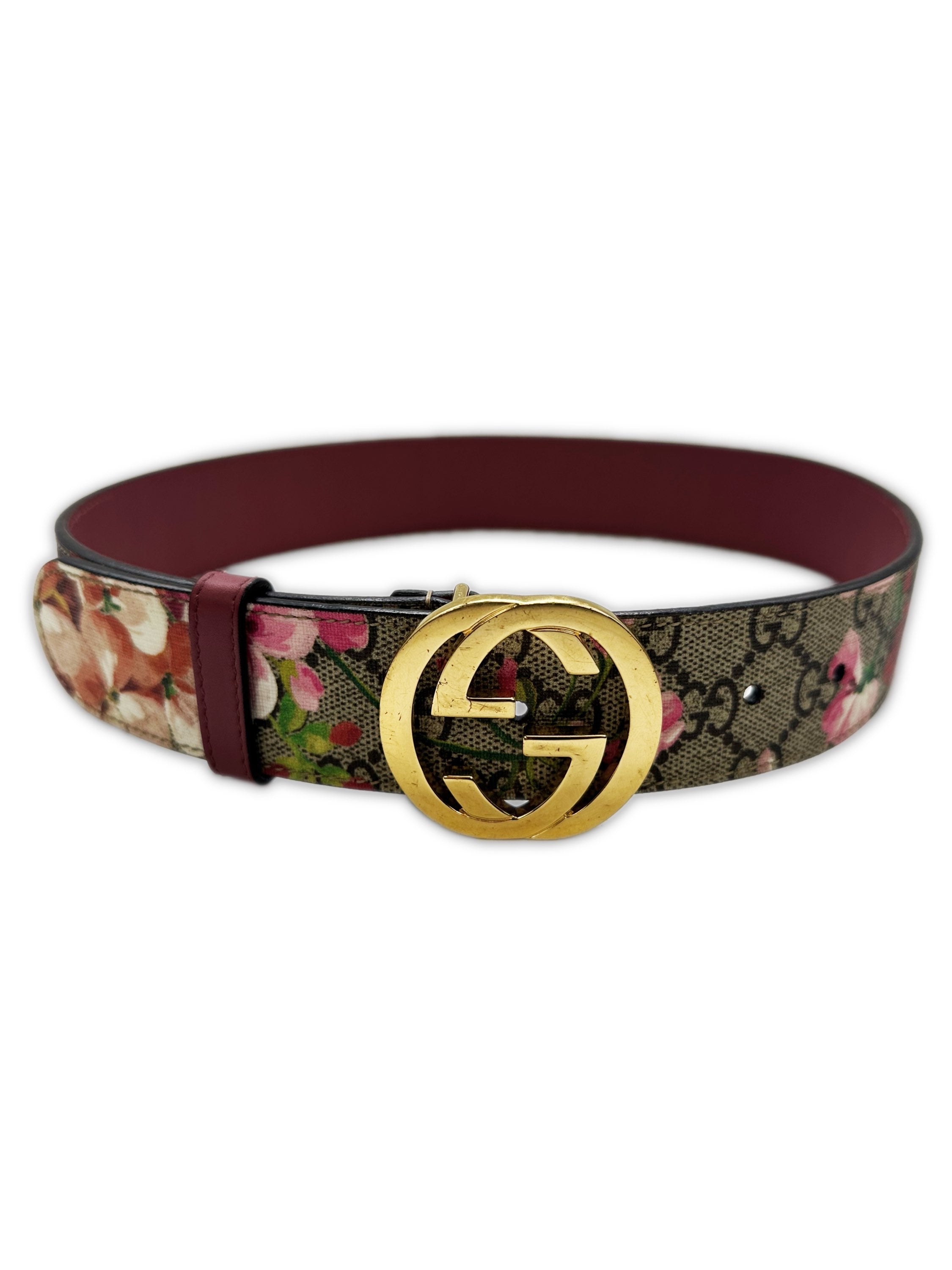Gucci Floral Monogram Gold ‘GG’ Buckle Leather Belt