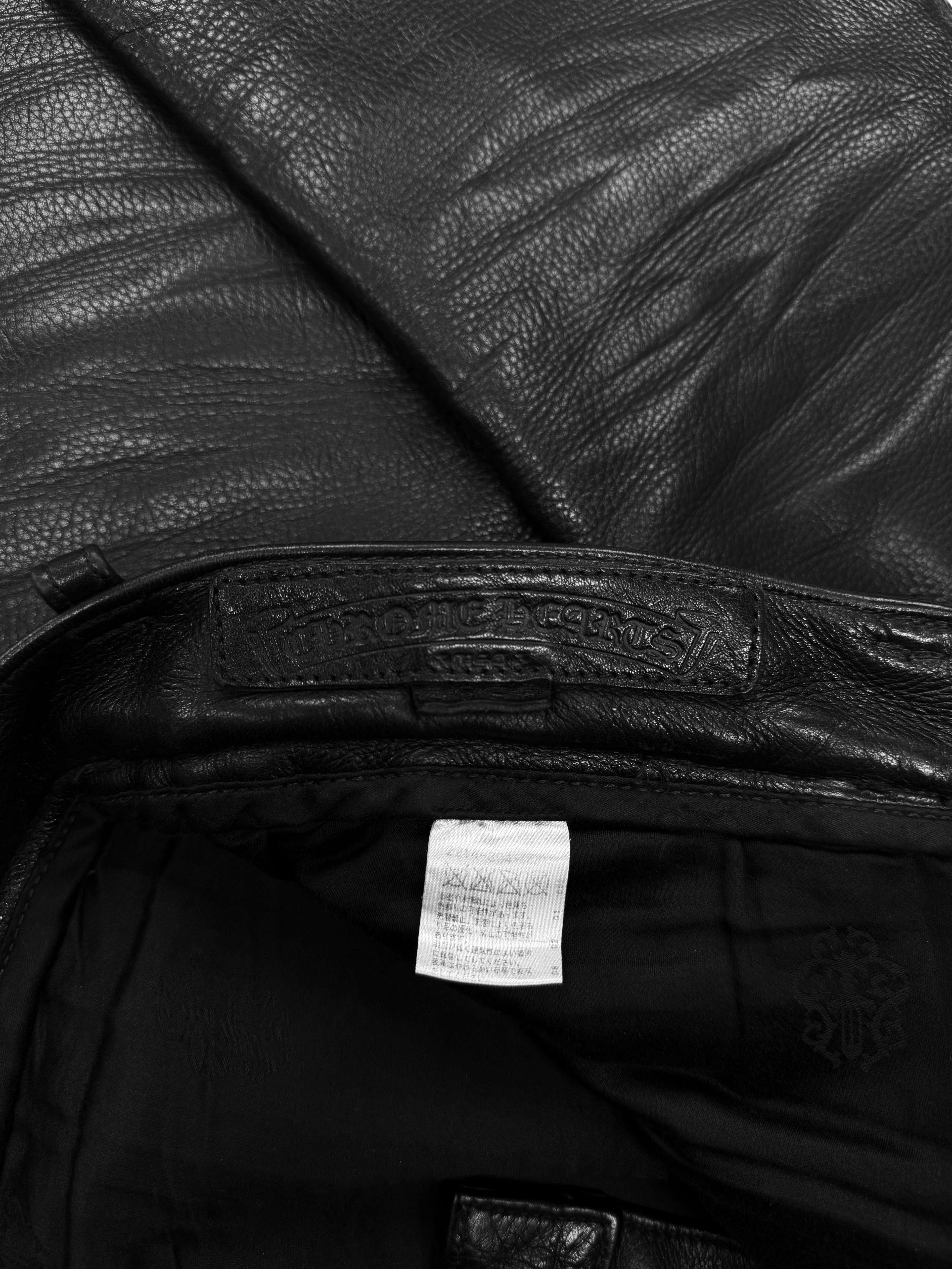 Chrome Hearts Pink 19 Cross Patch Black Leather Fleur Knee Pants