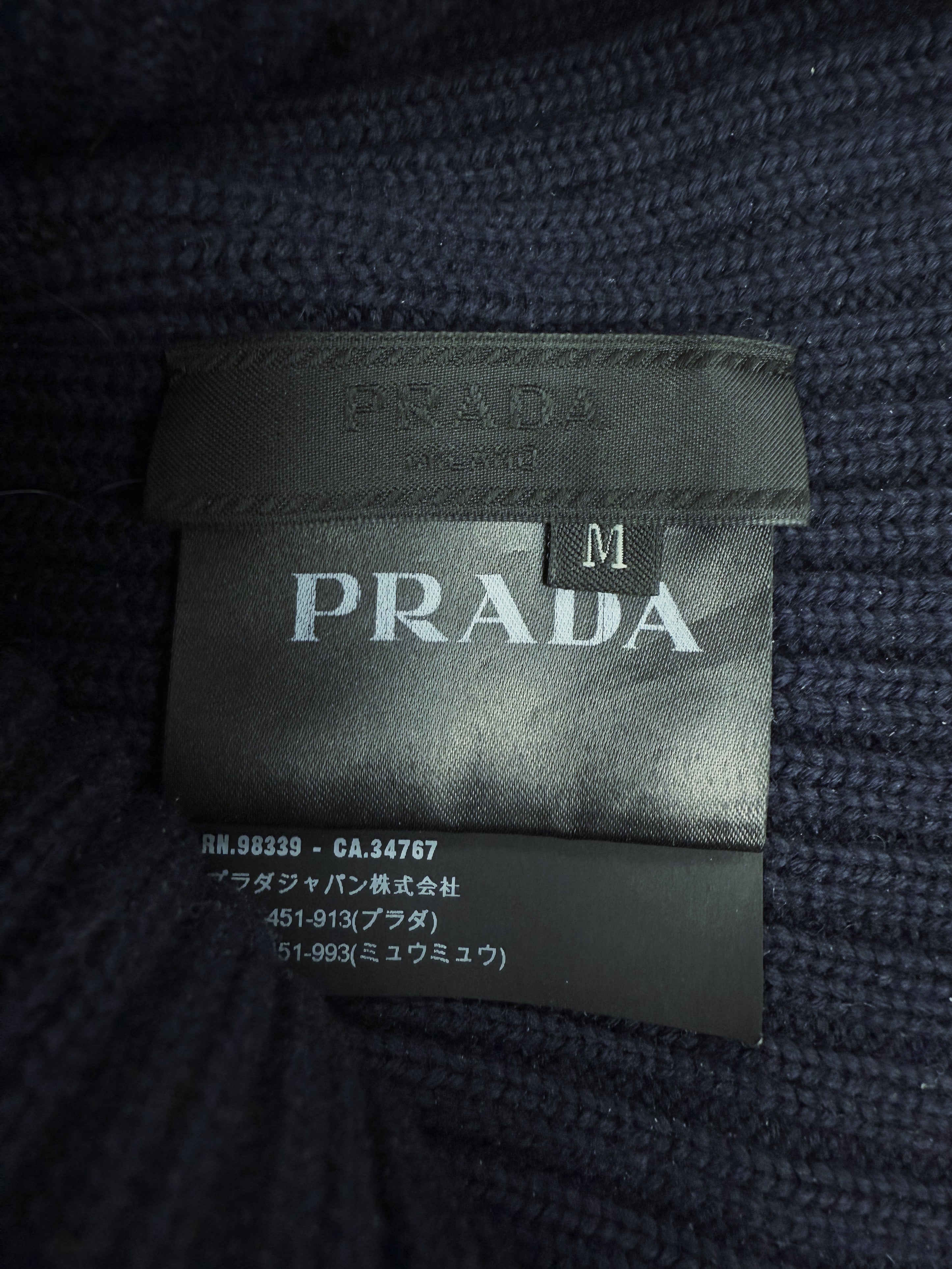 Prada Dark Blue Ribbed Knit Patch Logo Beanie