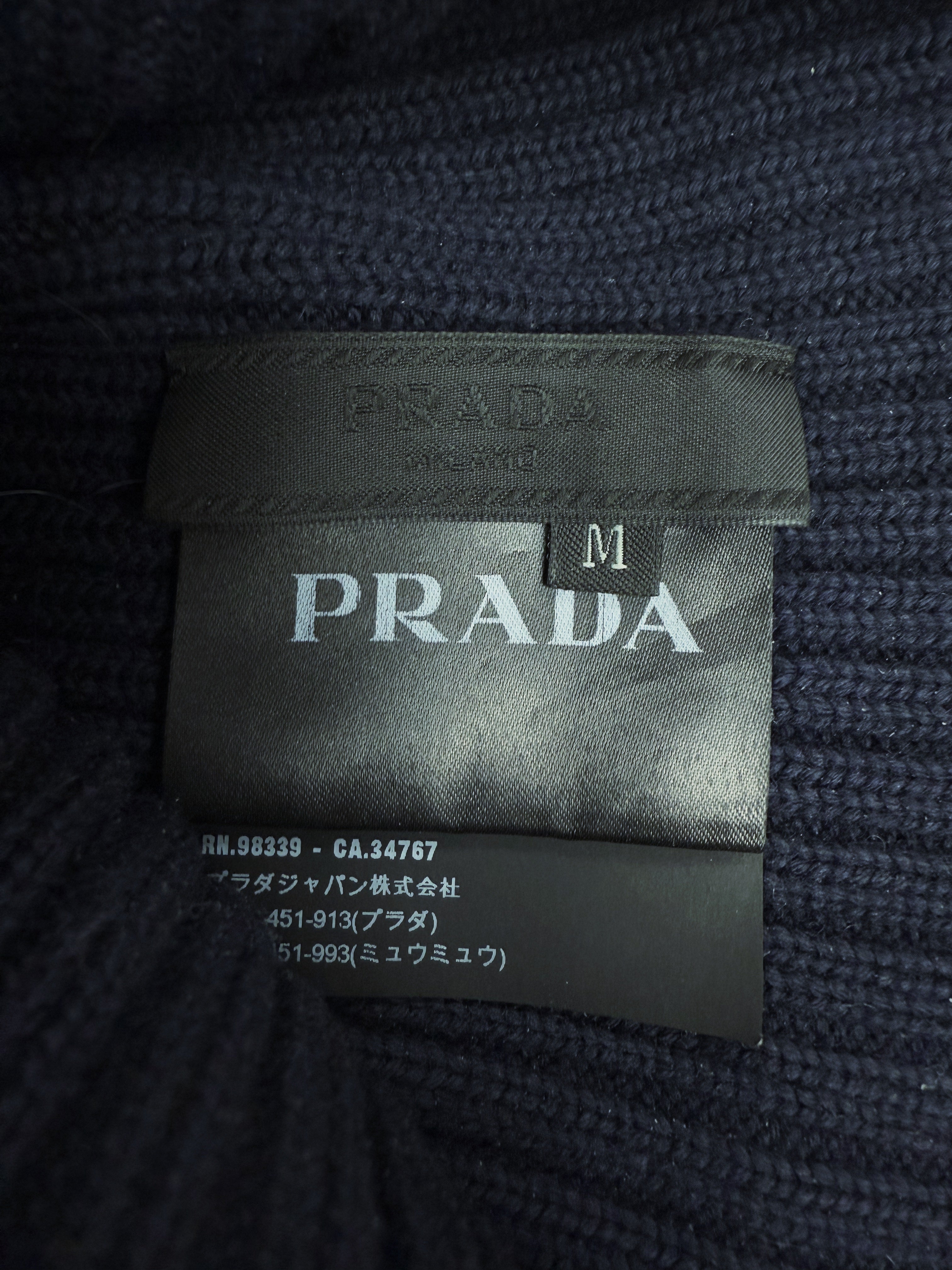 Prada Dark Blue Ribbed Knit Patch Logo Beanie