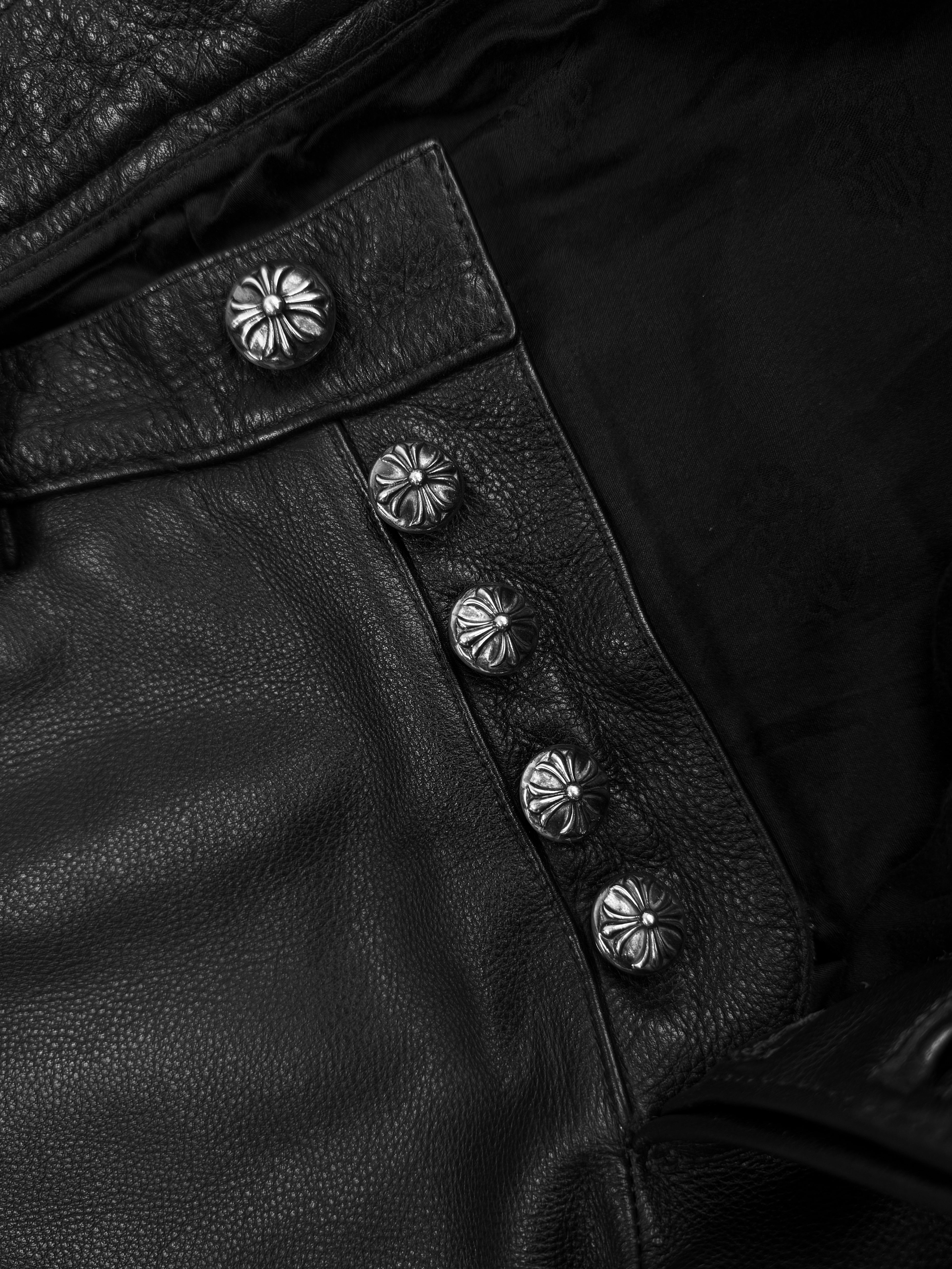 Chrome Hearts 20 Red Cross Patch Black Leather Fleur Knee Pants
