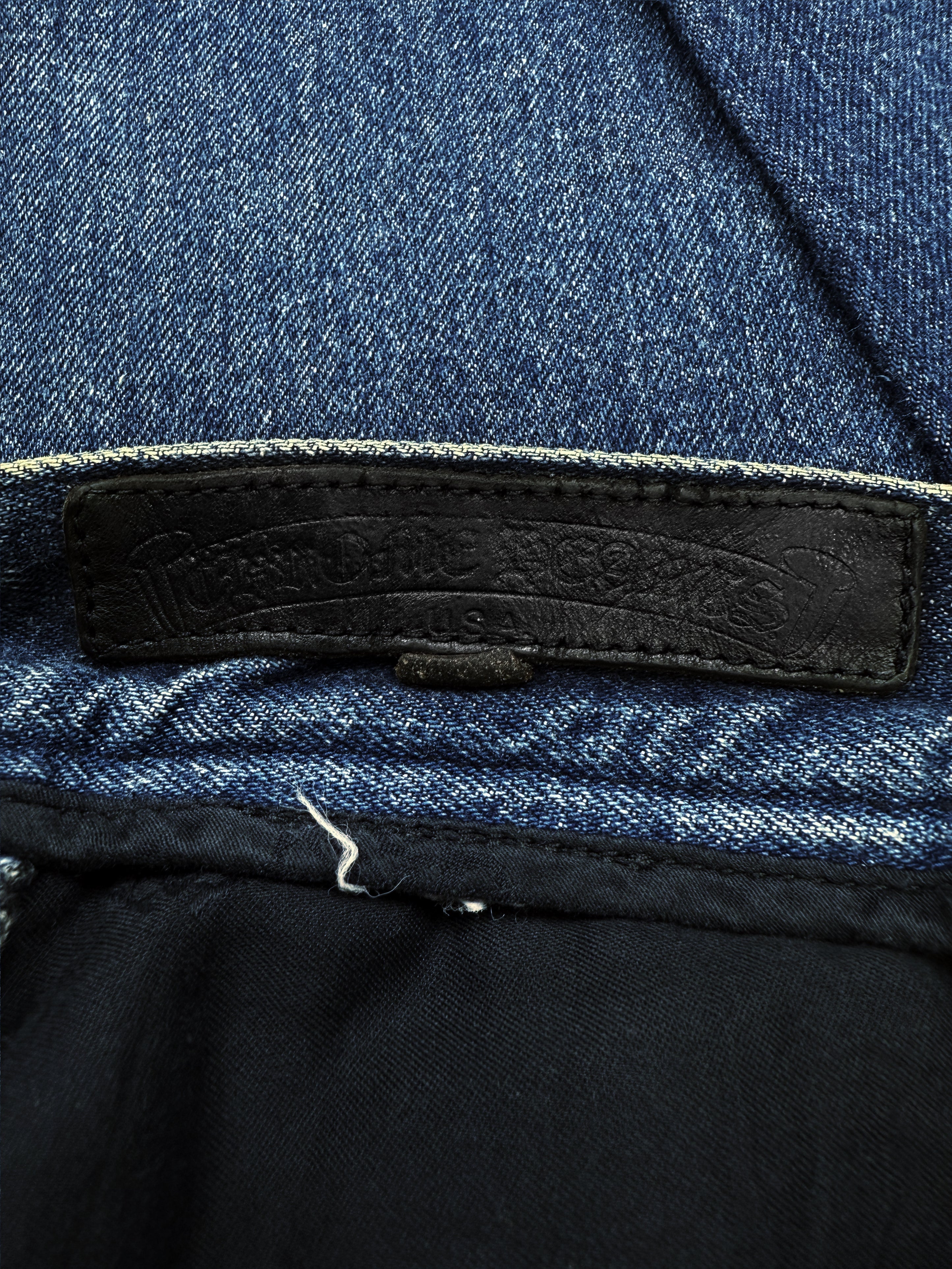 Chrome Hearts ‘5 Pocket’ Scroll Logo Blue Wash Boot Cut Jeans
