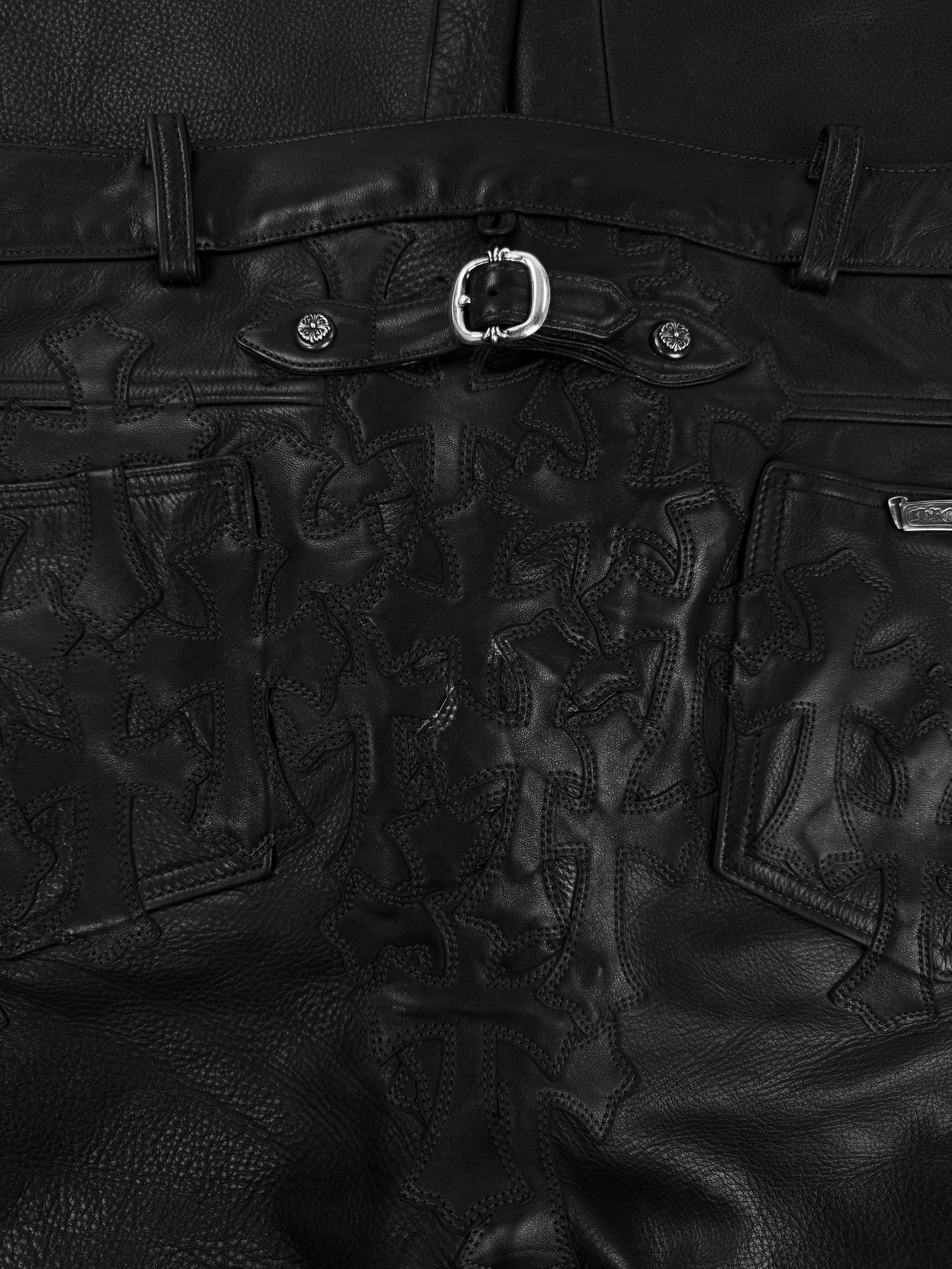 Chrome Hearts 30 Cross Patch Back Buckle Gunslinger Leather Fleur Knee Pants