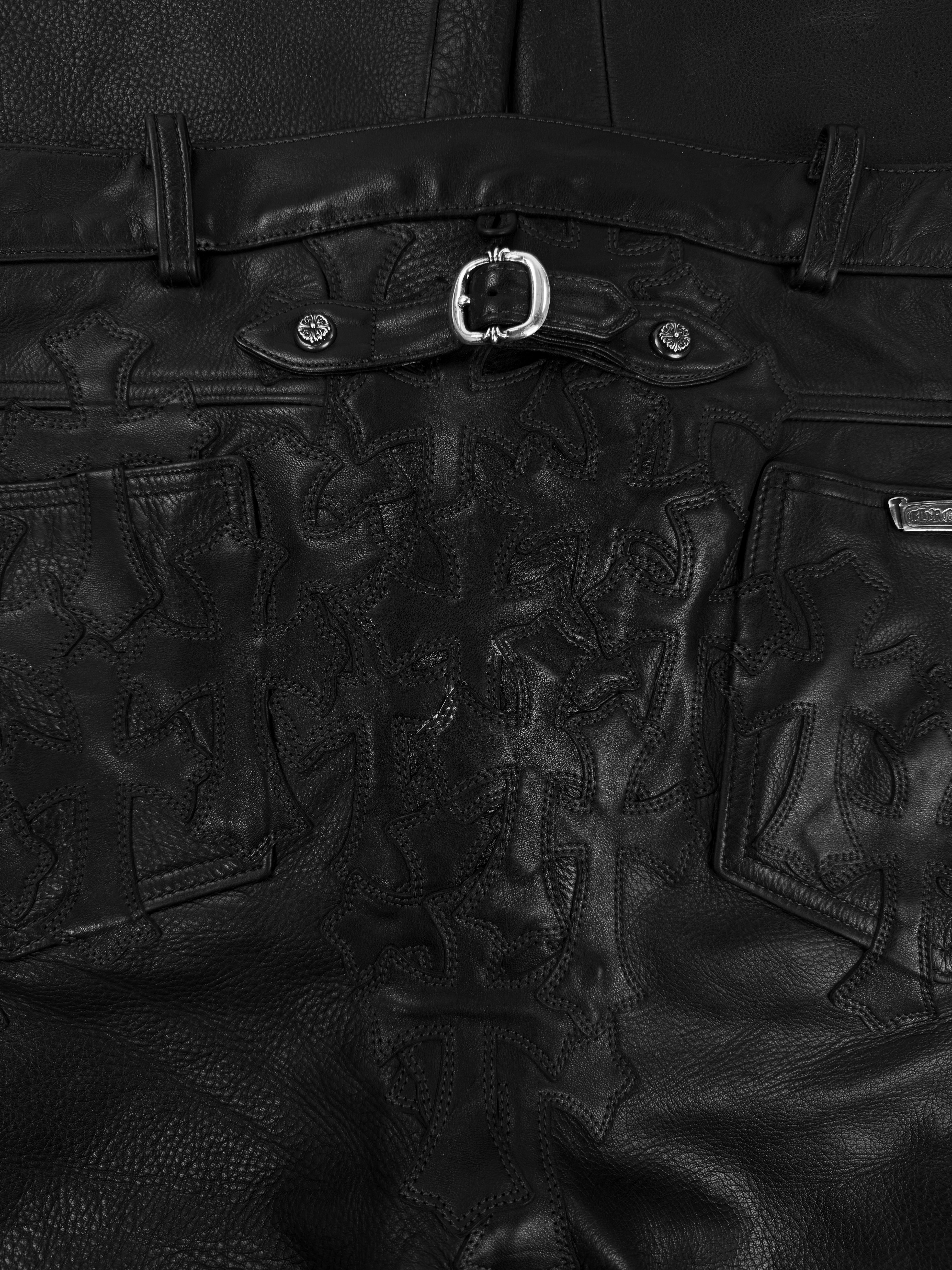 Chrome Hearts 30 Cross Patch Back Buckle Gunslinger Leather Fleur Knee Pants