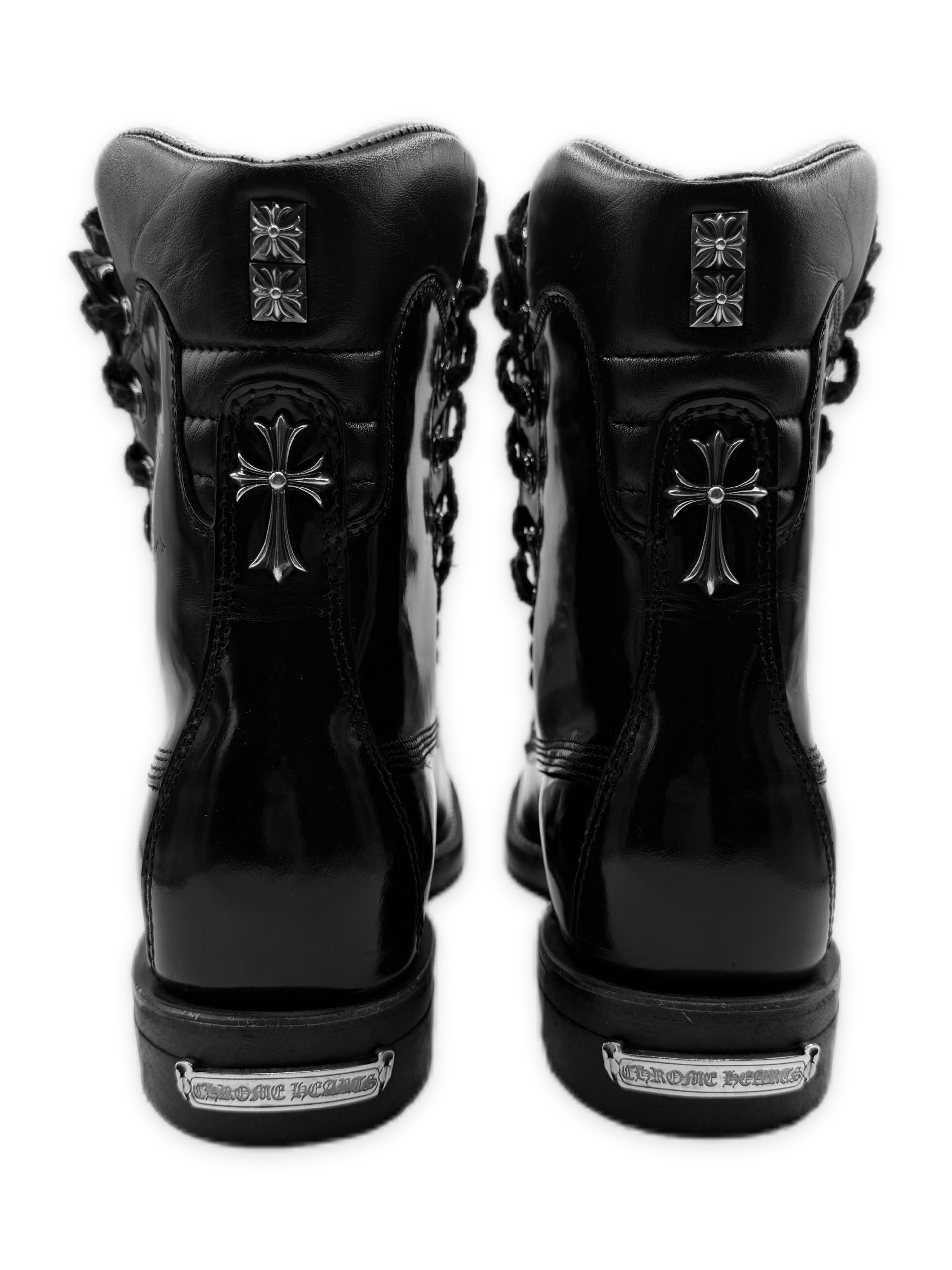Chrome Hearts x Chippewa Fireman Zip Pyramid Stud Cross Patent Leather Boots