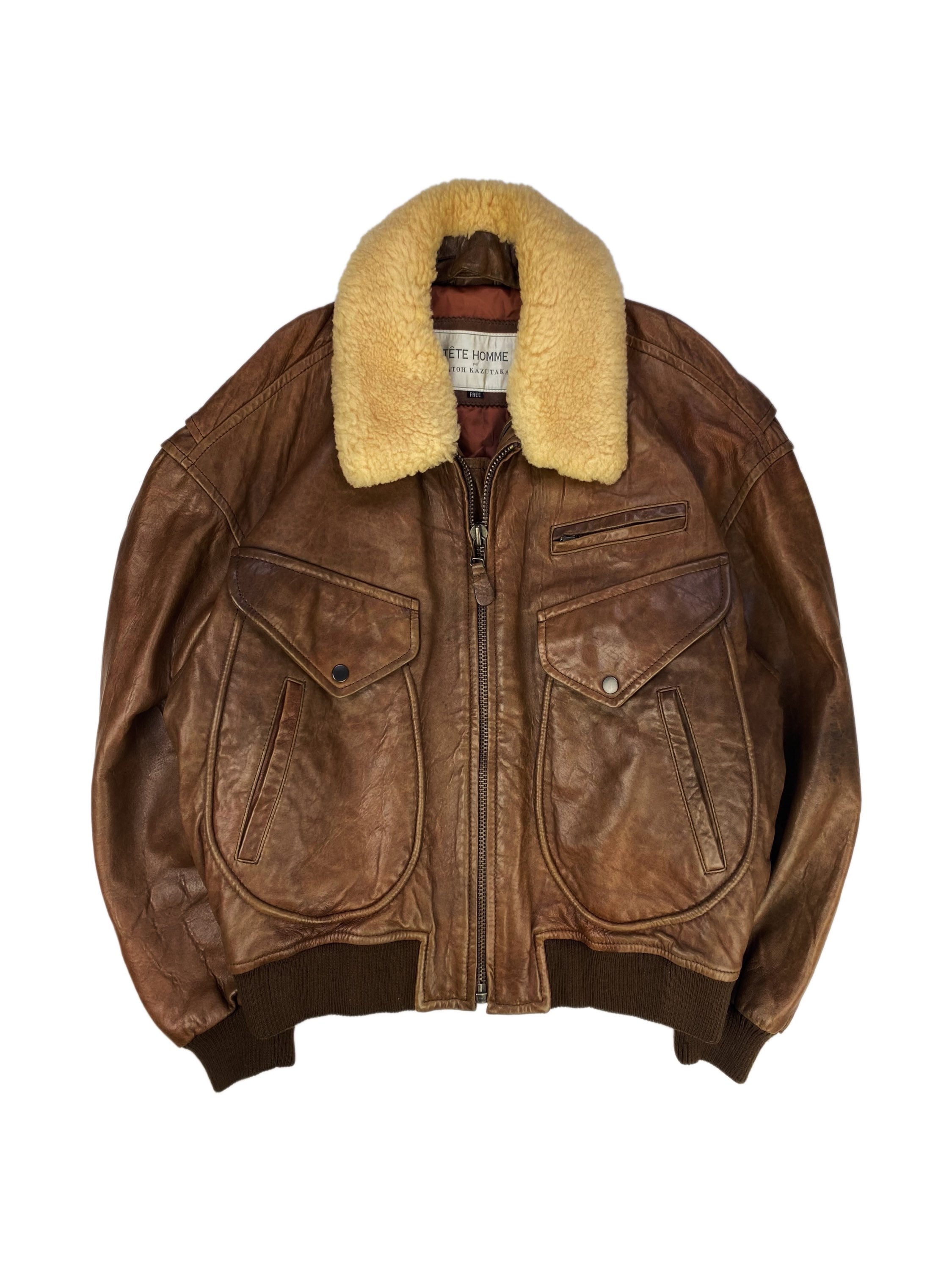 00s Tete Homme Spellout Calfskin Leather Shearling Bomber Jacket