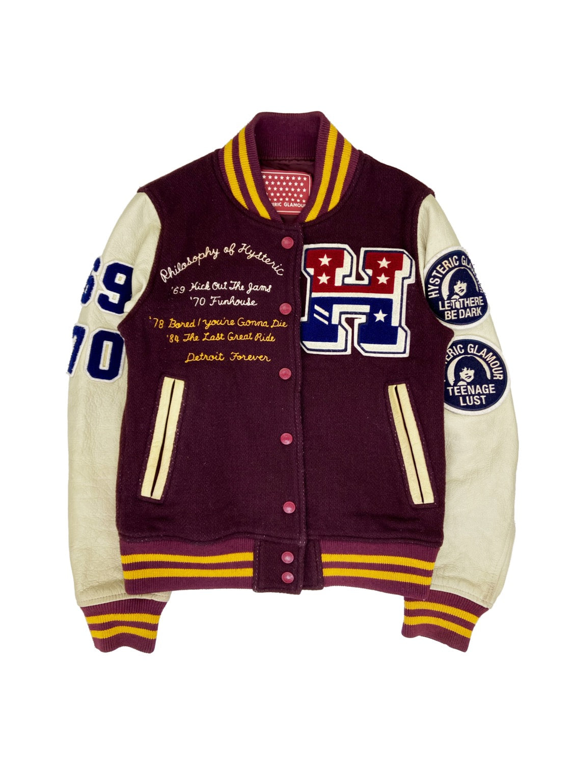 Hysteric Glamour “Detroit” Maroon Patched Leather Varsity Jacket