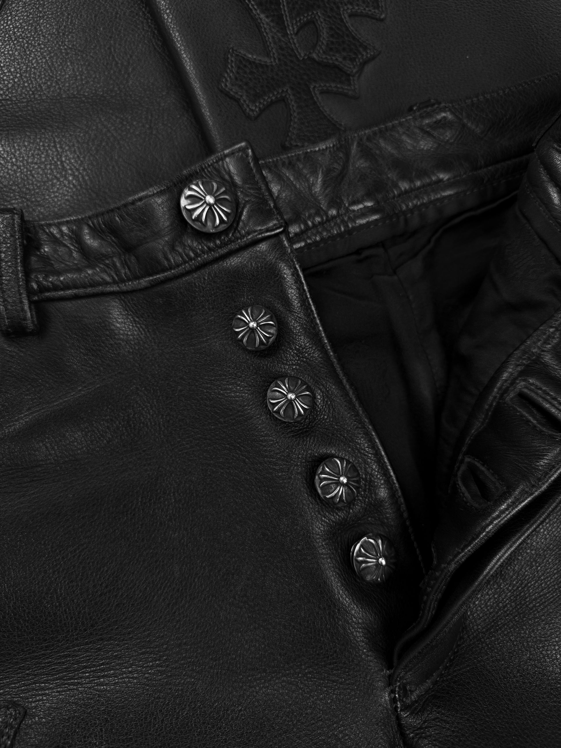 Chrome Hearts Red 20 Cross Patch Fleur Knee Black Leather Pants