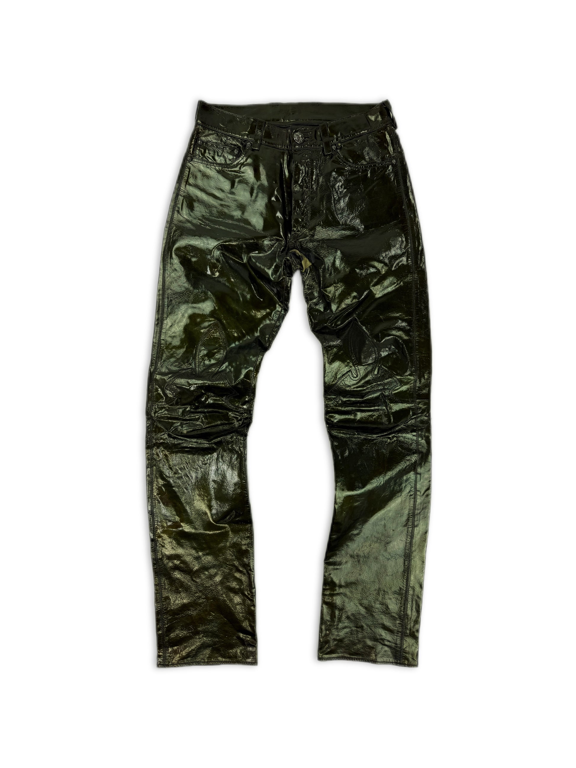 Chrome Hearts Green Galaxy Patent Leather Cross Patch Fleur Knee .925 Pants