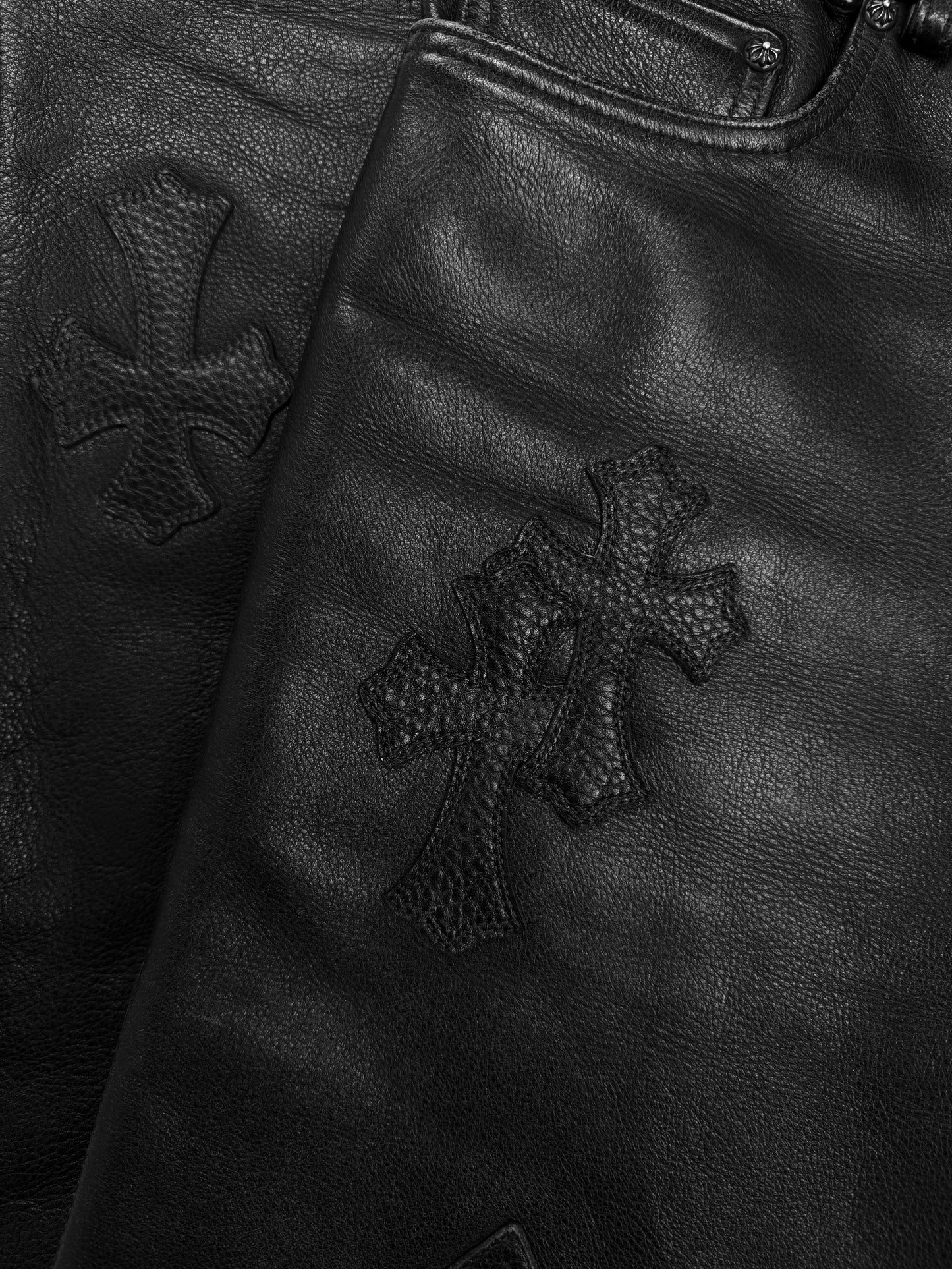 Chrome Hearts Red 20 Cross Patch Fleur Knee Black Leather Pants