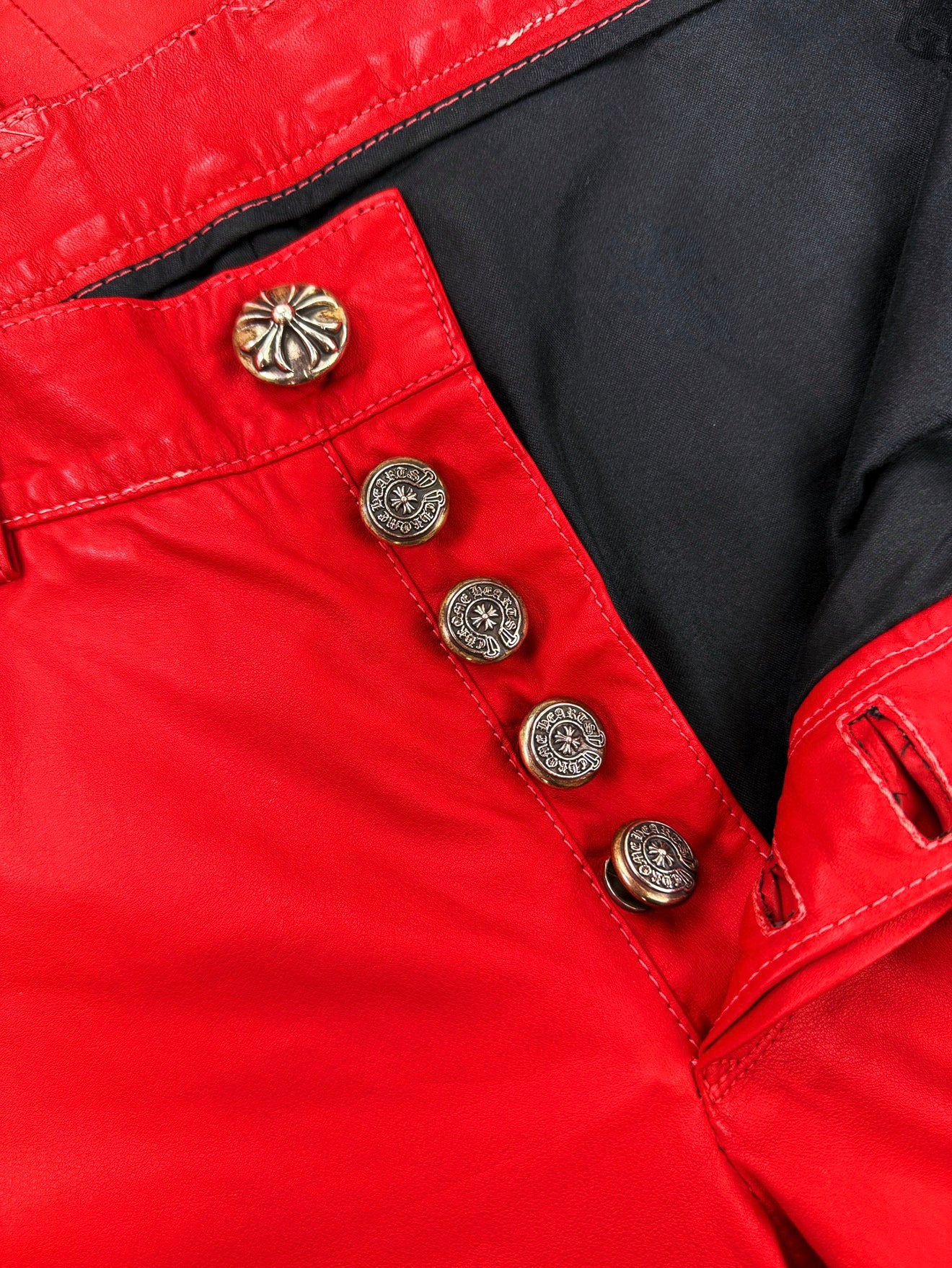 Chrome Hearts Flared Red Leather .925 Silver Button Fly Pants