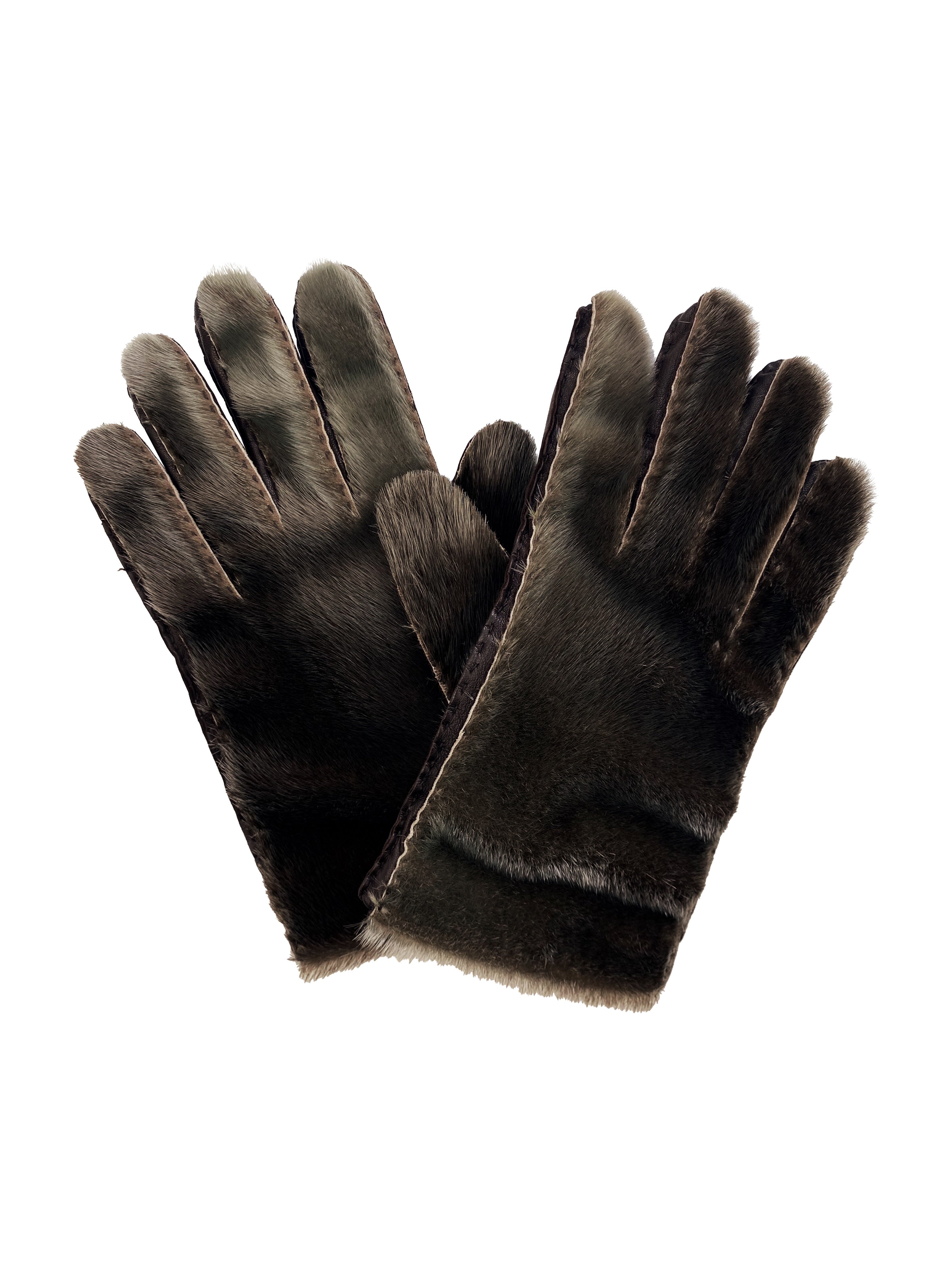 SS17 Prada Seal Fur Brown Leather Gloves