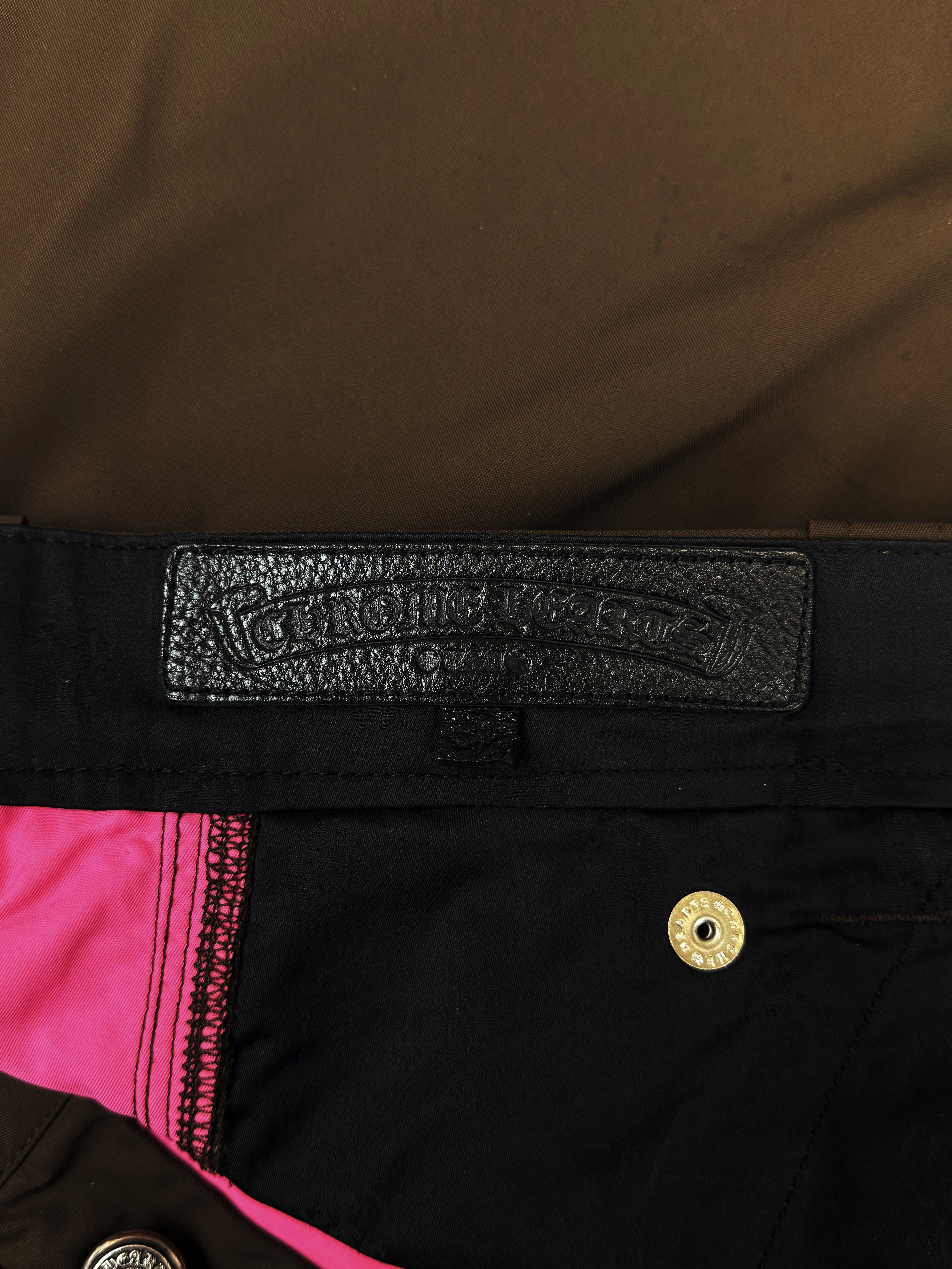 Chrome Hearts Pink Patch Leather Double Knee Brown Carpenter Pants